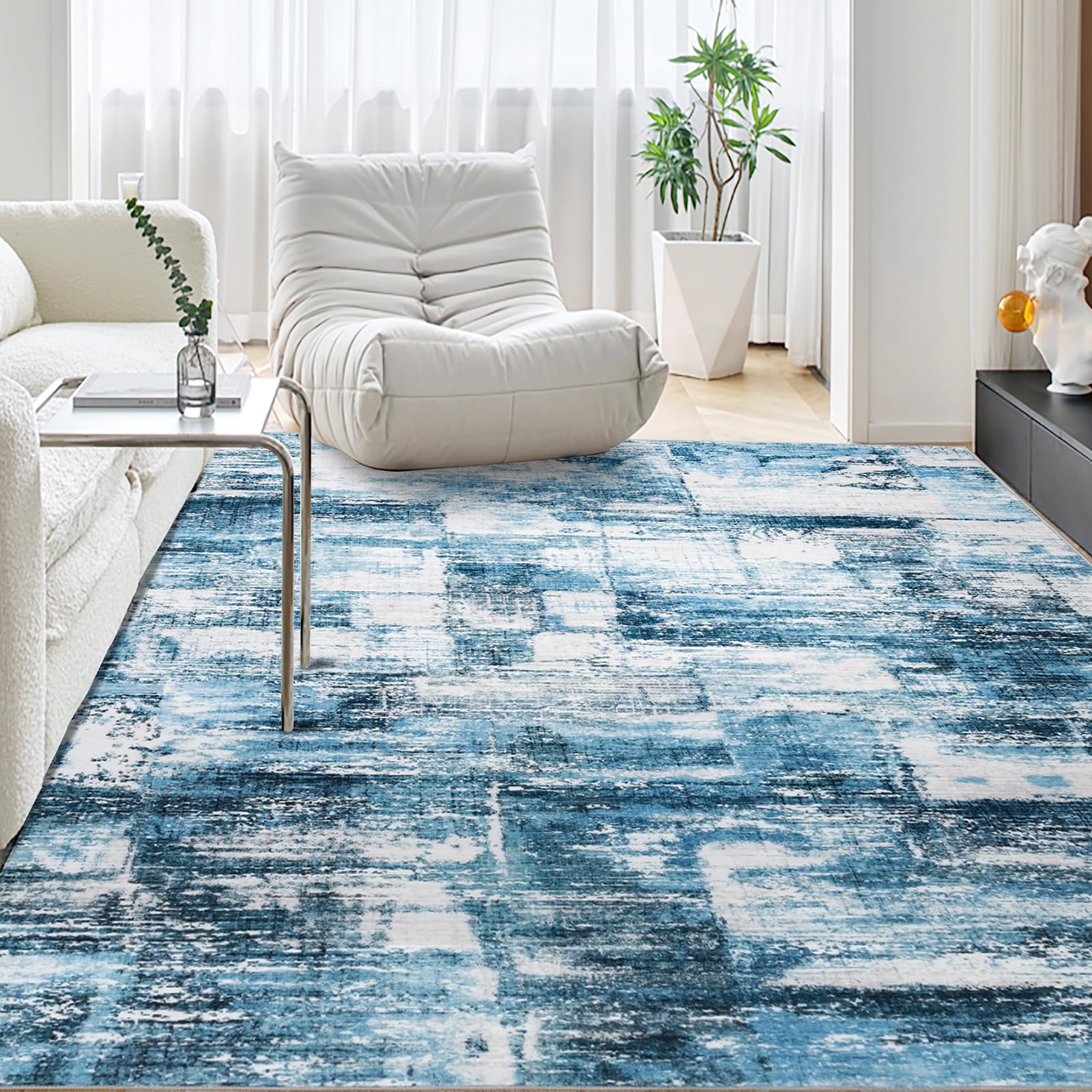 SONGLET Area Rug Living Room Rugs, 8x10 Area Rugs Blue Modern Abstract Rug Non-Slip Non-Shedding Persian Rug for Under Dining Table Bedroom Home Office Decor