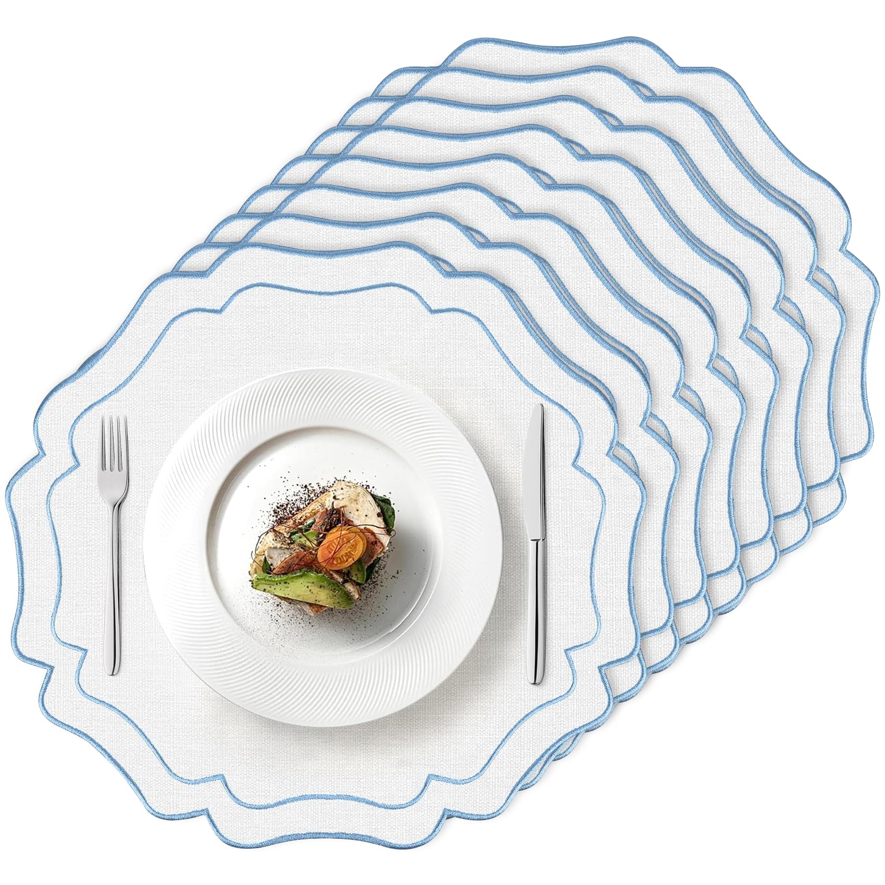 Tischsets aus Baumwollleinen, 38,1 cm, Stickerei, gewellt, rund, waschbar, Blumenform, für Hochzeit, Babyparty, Bankett, Party, Tischdekoration, 8 Sets mit blauen und weißen Schleifen, 38,1 cm