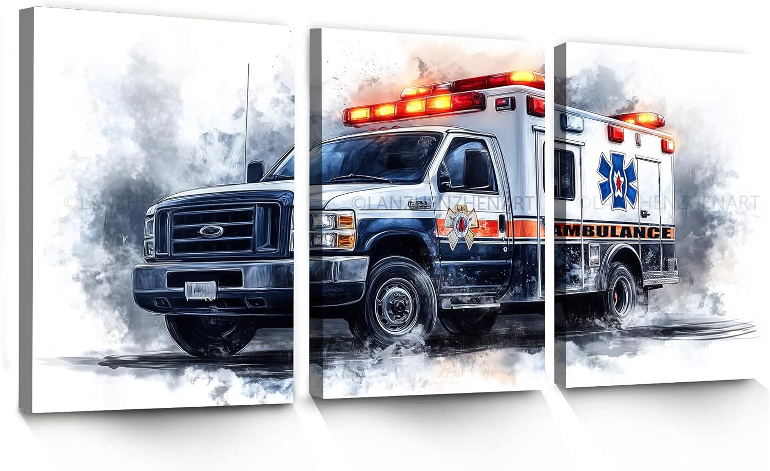 LANZHENZHENART 3Pcs Watercolor Ambulance Wall Art Nursery Emergency Truck Canvas Painting Prints For Home Dining Room Living Room Wall Decor Poster Artwork(12" x 18" x 3 Panels Framed)