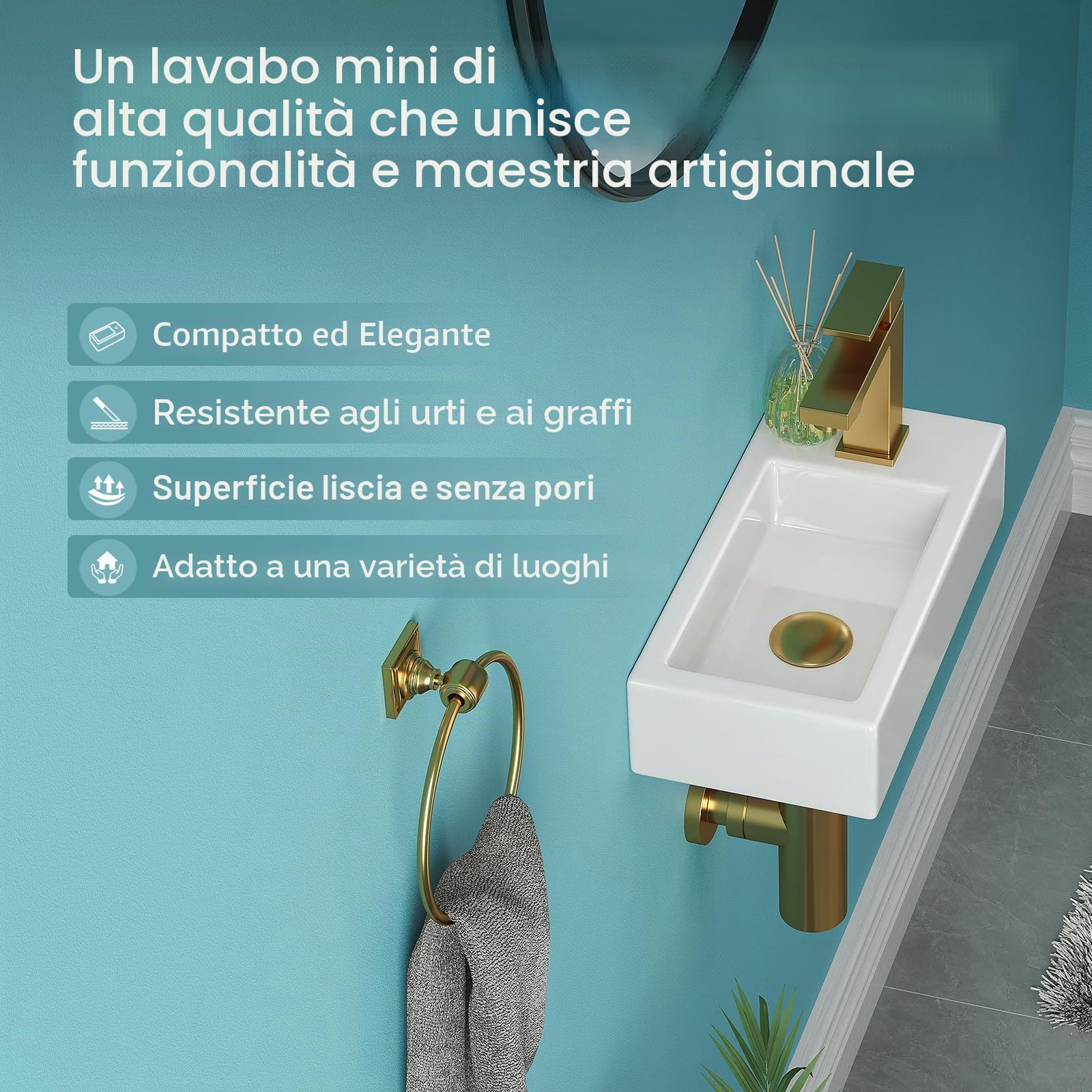 Teal Home Lavabo, lavabo piccolo, lavabo per ospiti, bagno, mini lavabo in ceramica, foro per rubinetto destro, Senza valvola di scarico pop-up, 37 x 18,5 x 9 cm | Lavabo sospeso da bagno, mini lavandino in ceramica, lavello da appoggio, bianco, 37 x 18,5