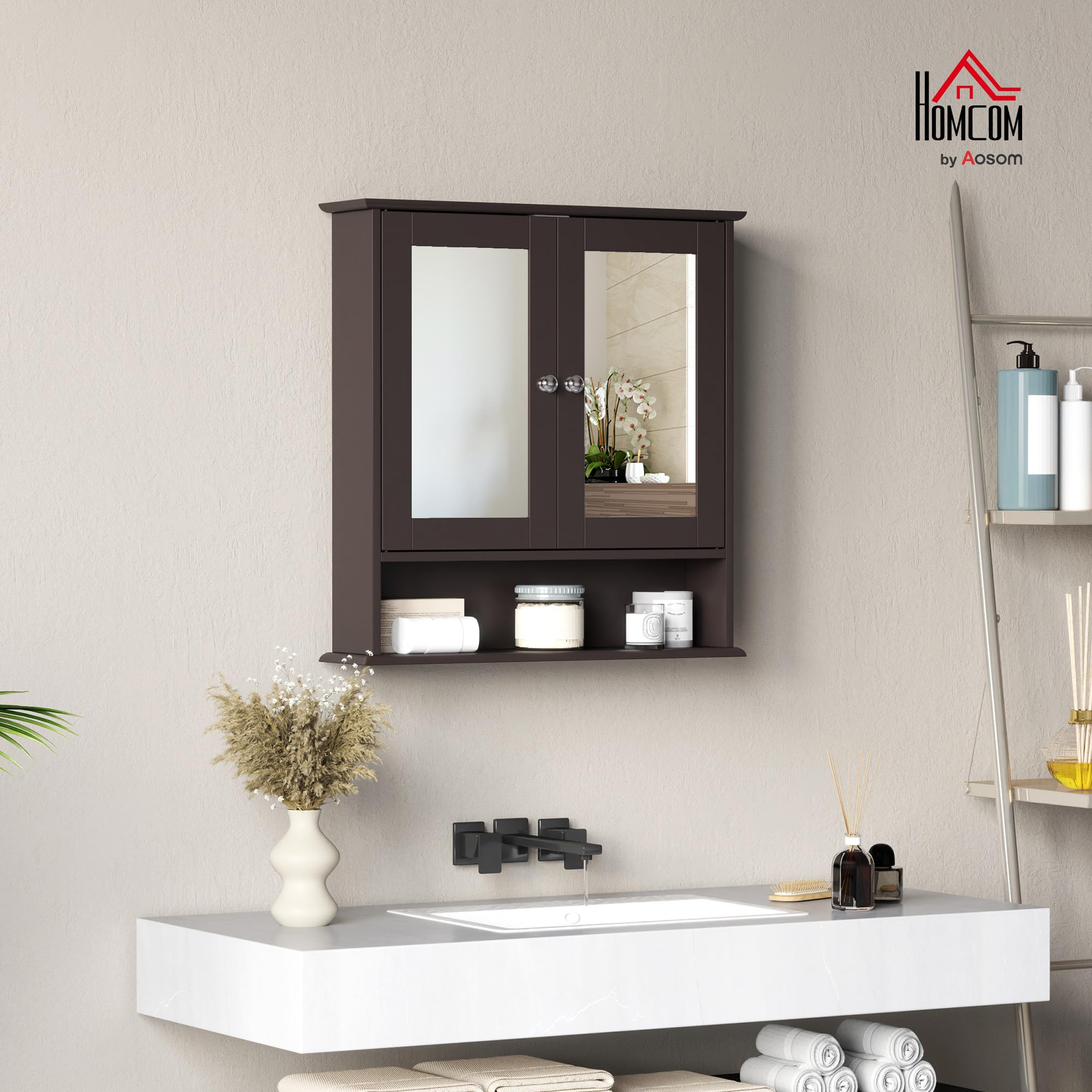 kleankin Armario de Baño con Espejo, Armario de Pared con 2 Puertas, Estante Abierto, Estante Ajustable, Mueble de Baño Colgar para Cocina, Salón, 56x13x58 cm, Marrón Oscuro