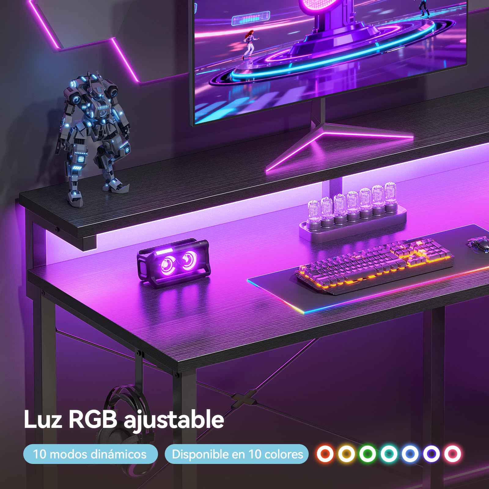 Coleshome Escritorio con Cajones de Tela, 100x45cm Mesa Gaming con Luces LED, Escritorio Gaming Reversible con Estanteria y Gancho para Auriculares para en Casa y Dormitorio, Negro