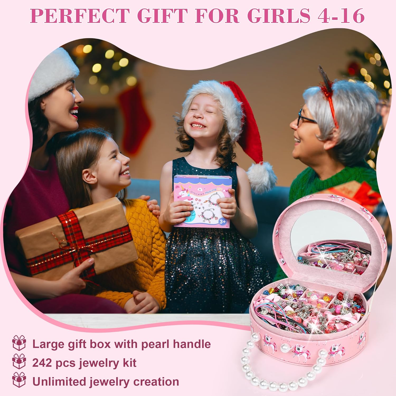 FVUUKOSIIT Bracelet Making Kit - 242 Pcs DIY Jewelry Making Kit, Christmas Gifts Toy for Girls Kids Toys Crafts for Gril Ages 4 5 6 7 8 12 with Big Size Portable Gift Box, Boosts Creativity (Red) - Image 2