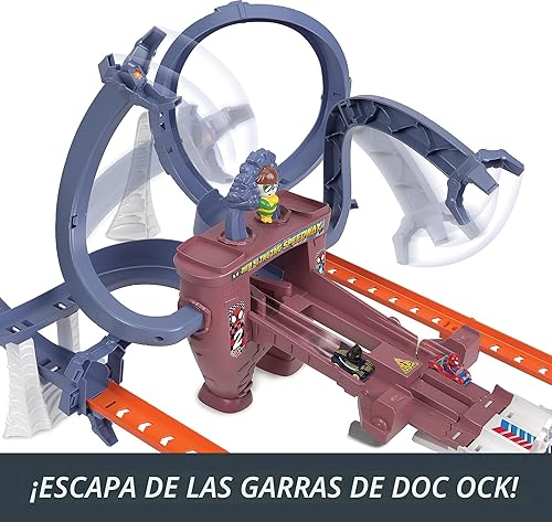 Miniatura 4 de Hot Wheels Juego de pistas de autos de juguete, RacerVerse Spider-Man's Web-Slinging Speedway, carrera competitiva con 2 vehículos fundidos a