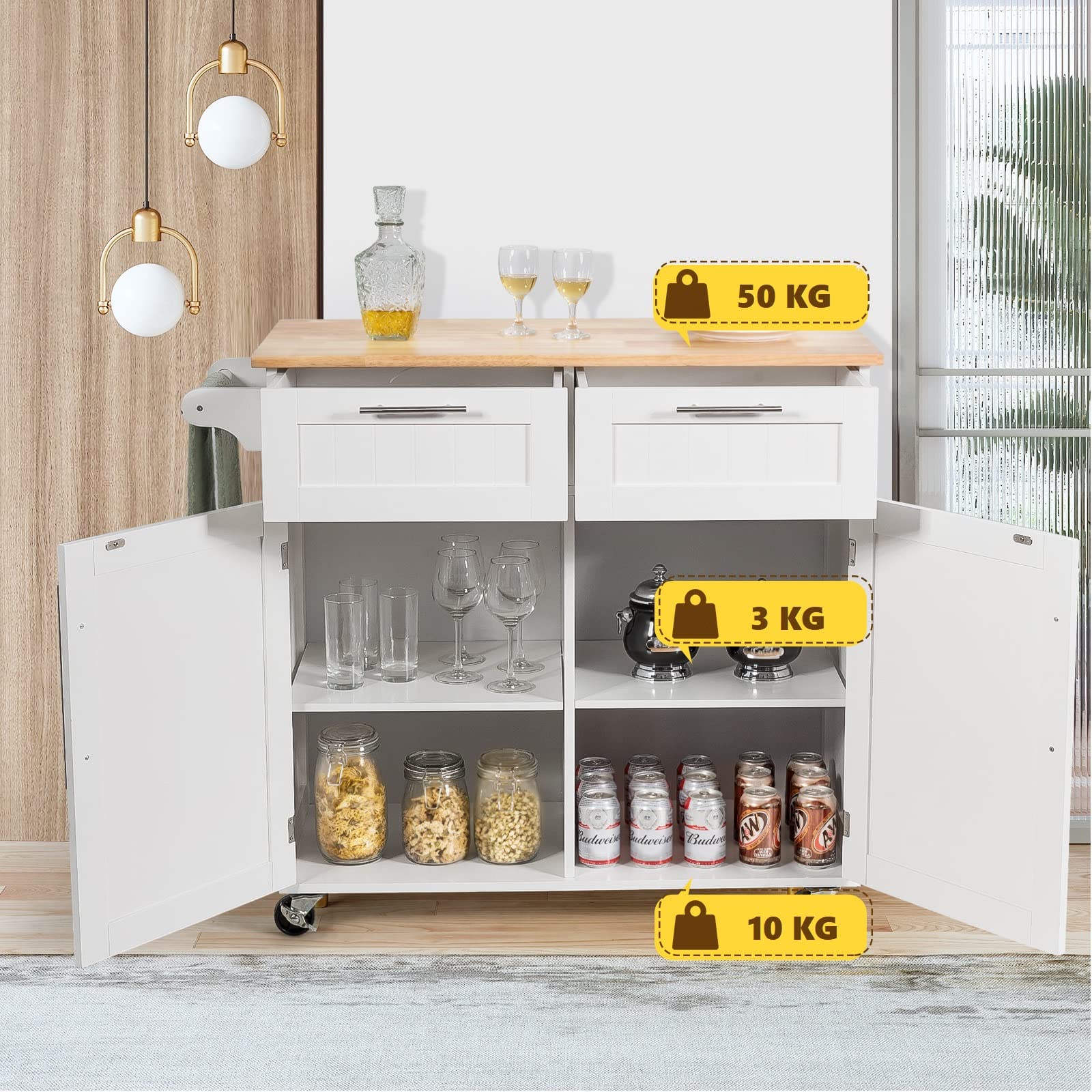 GIANTEX Wózek kuchenny z blatem roboczym, szafka kuchenna na kółkach, wózek do serwowania z drewna, z uchwytem na ręczniki, mobilna wyspa kuchenna, z 2 szufladami, na kółkach (biały)