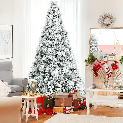 Árbol de Navidad de pino artificial flocado de nieve de 8 pies, decoración de árbol de Navidad con 1424 puntas de rama, 87 piñas, 87 bayas rojas,