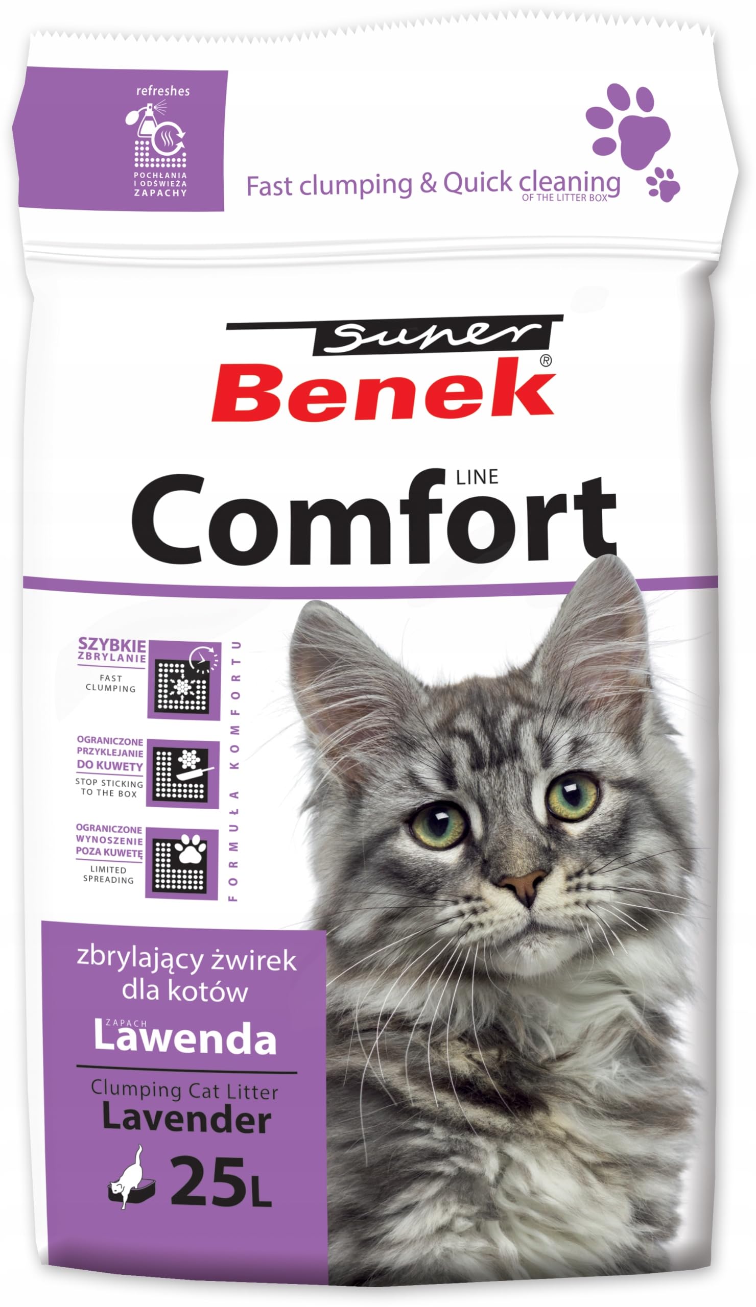Super Benek Comfort Żwirek Bentonitowy Dla Kota 25L - Zbrylający Żwirek Do Kuwety | O Zapachu Lawendy