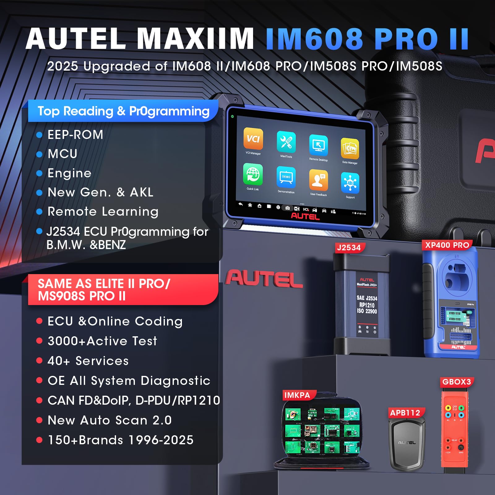 Autel MaxiIM IM608 Pro 2 2025, IM608 PRO II Scanner W/ XP400 PRO IMKPA GBOX3 APB112 ($1316 Bundle), 40+ Services 3000+ Tests, ECU Coding as Elite II pro Up of IM608 PRO IM508S PRO, OS10.0 CANFD DoIP