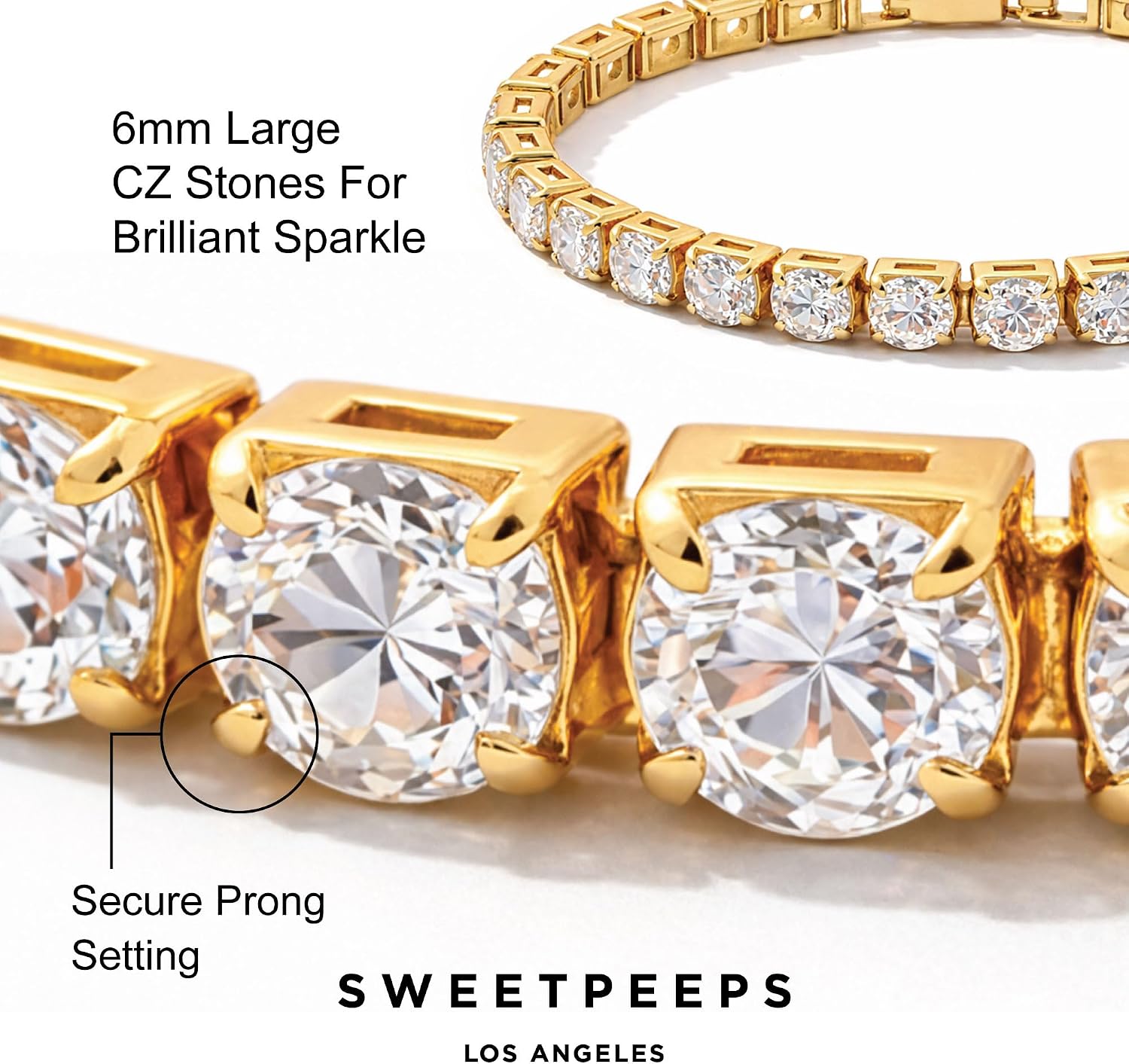 SWEET PEEPS 18K Gold Plated 6mm Round Cut CZ Classic Tennis Bracelet for Women, Cubic Zirconia Bracelet, Adjustable Size 6 –7 Inch