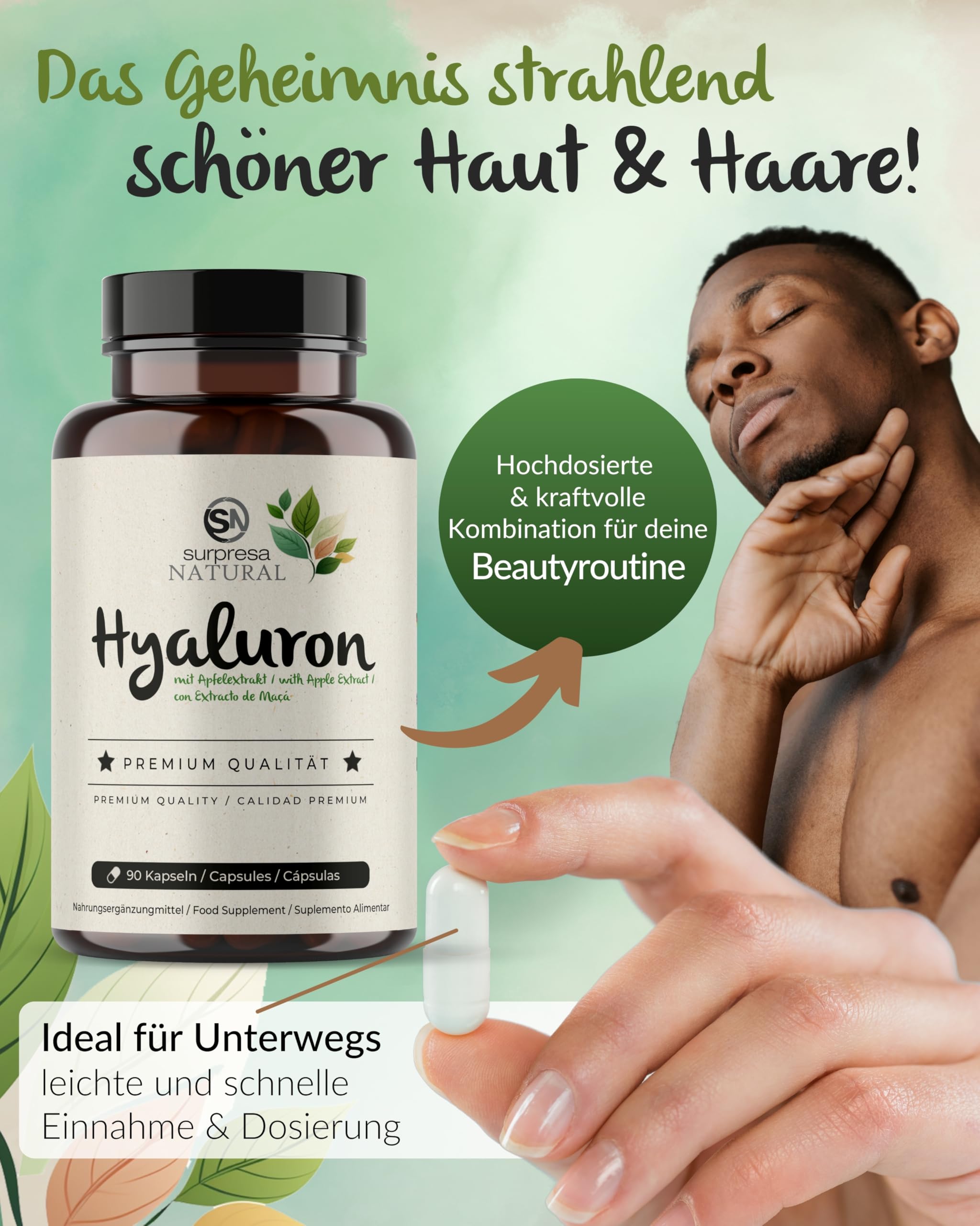 Hyaluronsäure Kapseln hochdosiert I 3x 90 Kapseln mit Apfel Extrakt I 500 mg Hyaluronsäure mit 500-700 kD pro Kapsel I Hyaluron Kapseln I vegan & laborgeprüft