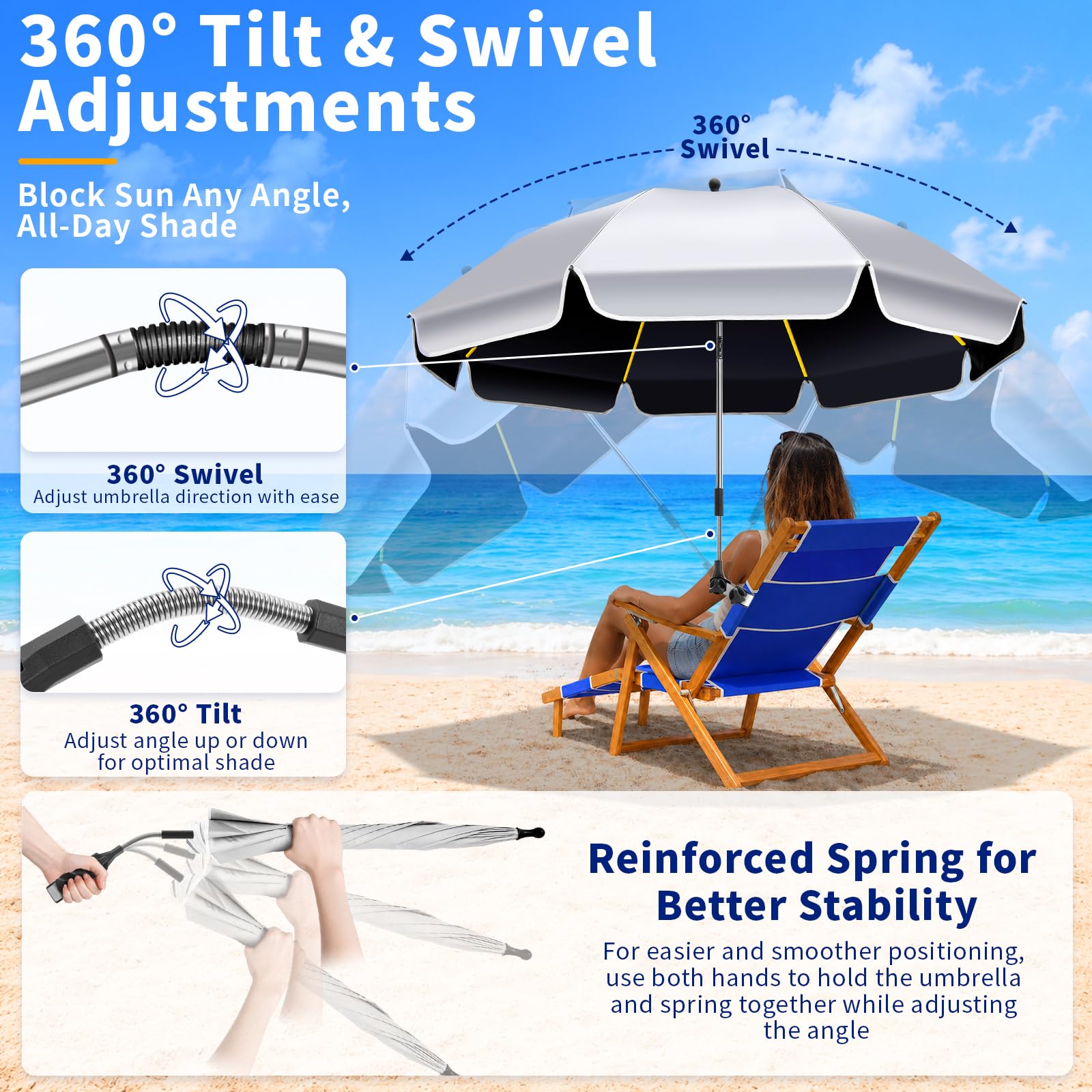 Sonnenschirm mit Klemme, LSF 50+, 360° drehbar, tragbar, zum Anklippen, Sonnenschirm für Strandkorb, Camping, Golf, Kinderwagen, Rollstuhl, freihändiger Schatten, 10–15 % zusätzlicher Schatten mit