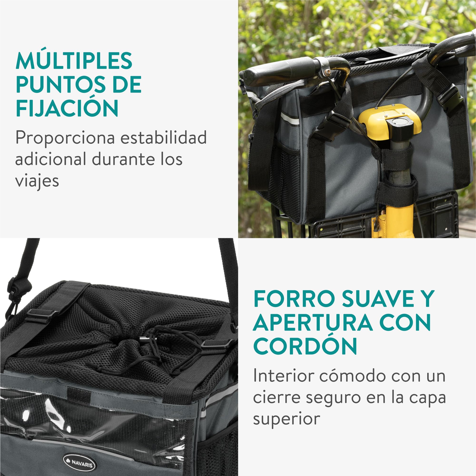 Navaris Cesta Perro Bicicleta - Cesta Bicicleta Delantera para Perros y Gatos MAX. 10 kg - Cordón Ajustable para Que No Salten - con Bolsillos Adicionales y Correa para Hombro