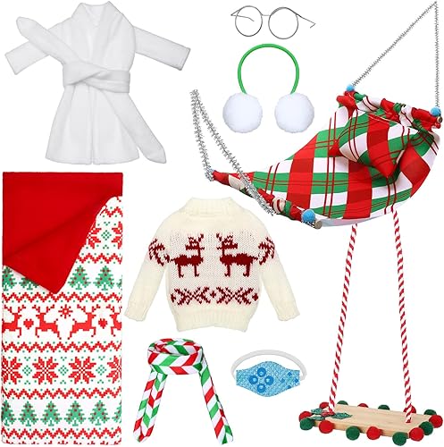 Miniatura 8 de Aoriher Juego de 9 accesorios de muñeca de Navidad, incluye saco de dormir, albornoz, máscara, orejeras, bufanda, gafas, hamaca y suéter (foco)