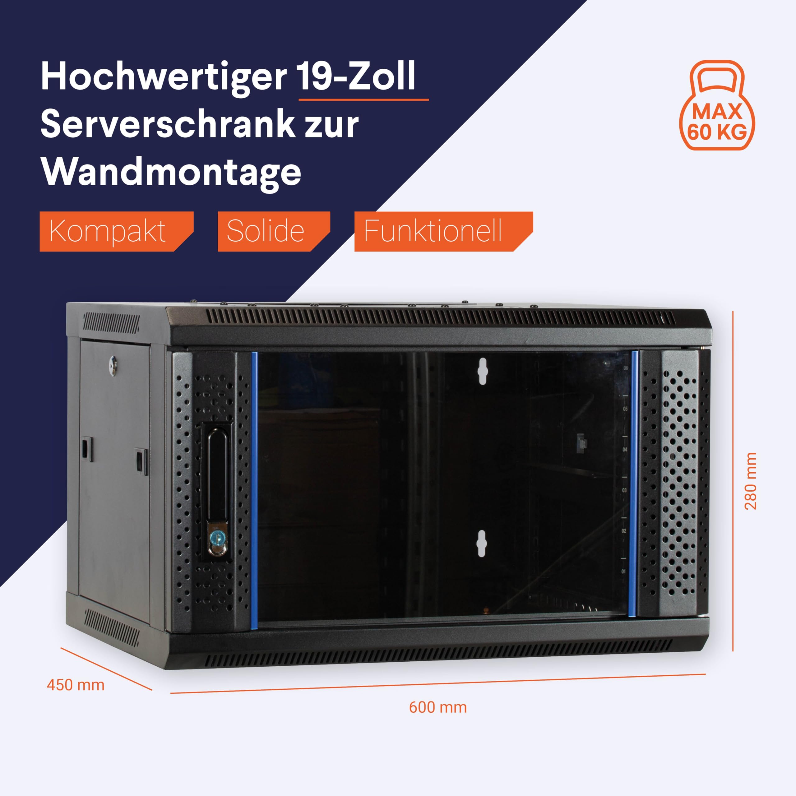4HE Netzwerkschrank (Serverschrank) 19 Zoll Wandmontage - mit Glastür (BxTxH) 600 x 450 x 280mm - Schwarz - Traglast 60 kg