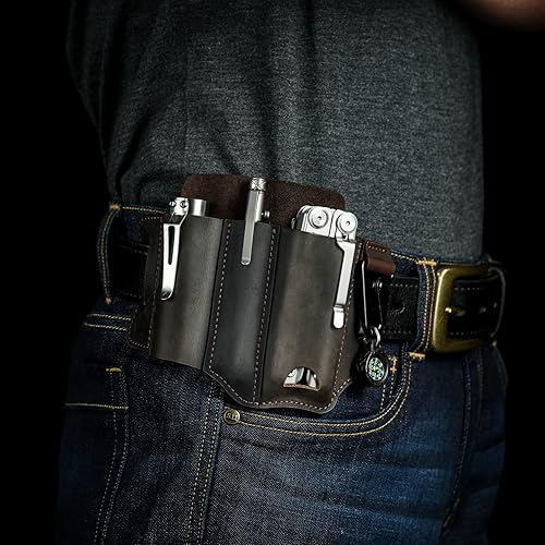 Miniatura 2 de VIPERADE PJ29 Funda multiherramienta para cinturón, organizador de bolsillo EDC de cuero para hombres, funda de cuero EDC, linterna y funda