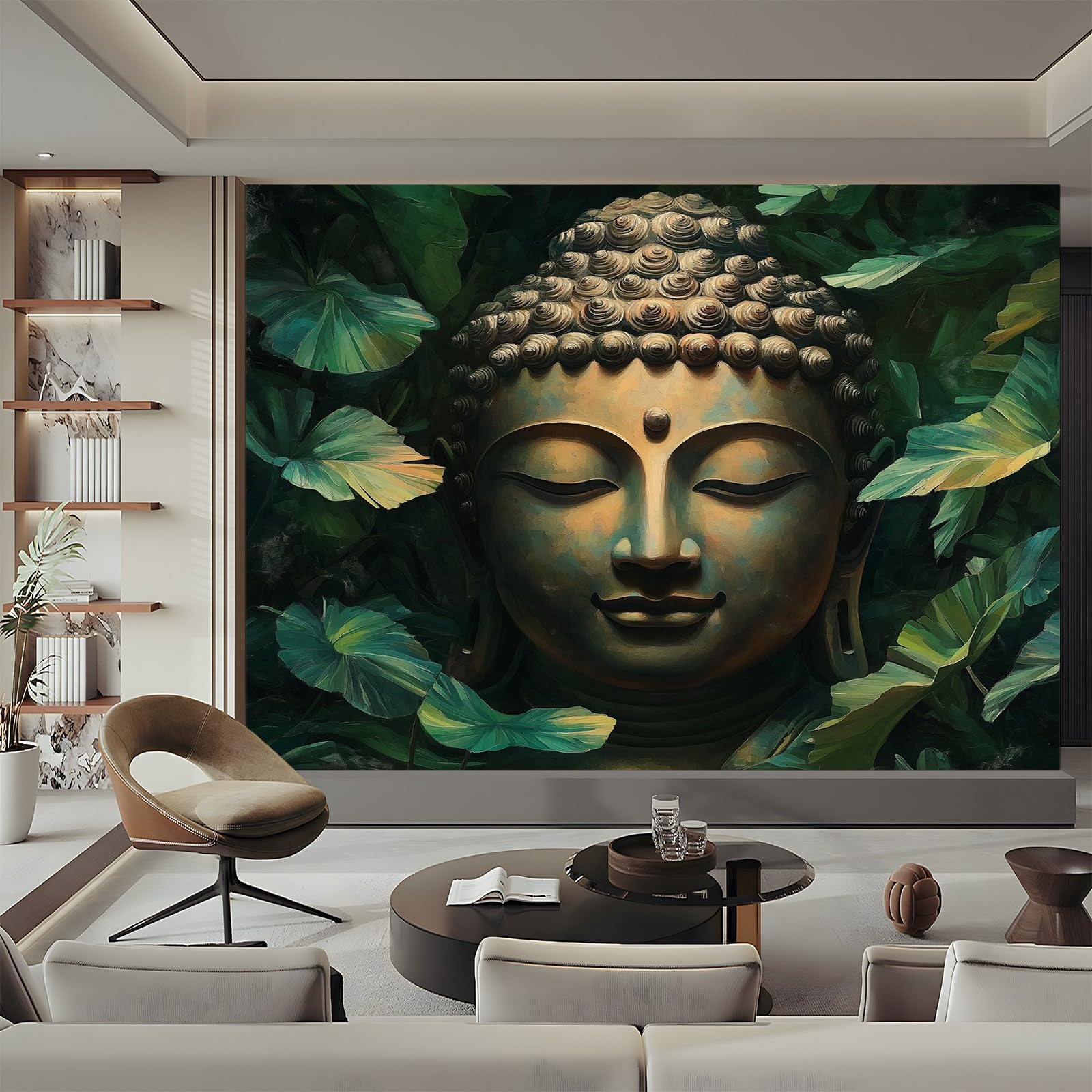 Panoramiczna tapeta tradycyjna Budda liście zielone złoto 200 x 140 cm (szer. x wys.), niestandardowy fresk 3D do salonu pokój dziecięcy restauracja dekoracja ścienna gigantyczny plakat ścienny