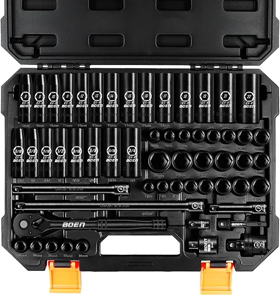 BOEN 3/8" Drive Impact Socket Set, 57-Piece Standard SAE (5/16 to 3/4 inch) and Metric (8-22mm), Include Ratchet Handle, Extension Bar, Universal Joint, Adapter, and Additional 5 10mm Sockets