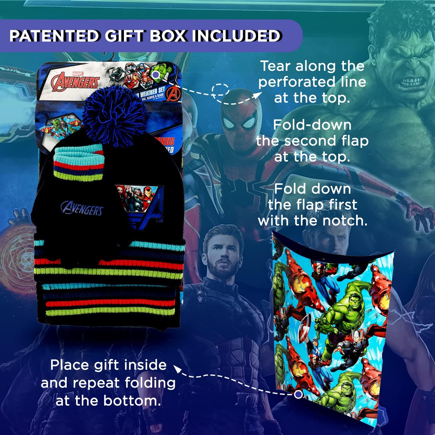 Marvel Avengers Kid’s Hat Scarf and Snow Gloves 3 Pc. Set, Soft Warm Pom-Pom Beanie Cute Outdoor Wear for Boys and Toddlers - Image 4