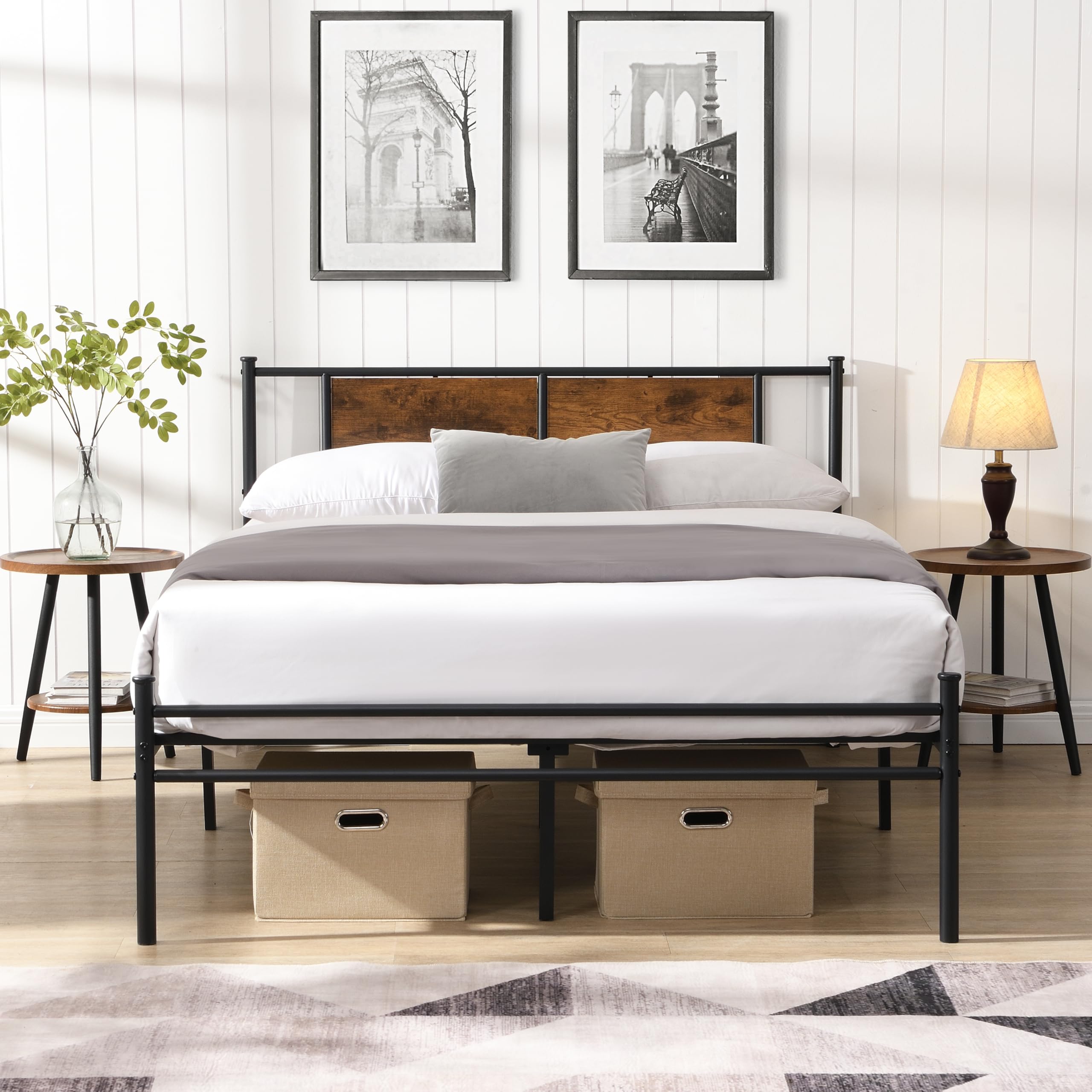 King Size Metal bedframe Industrial Platform Bed with Wood Panel Decoration Headboard Heavy-Duty Metal Mattress Foundation No Box