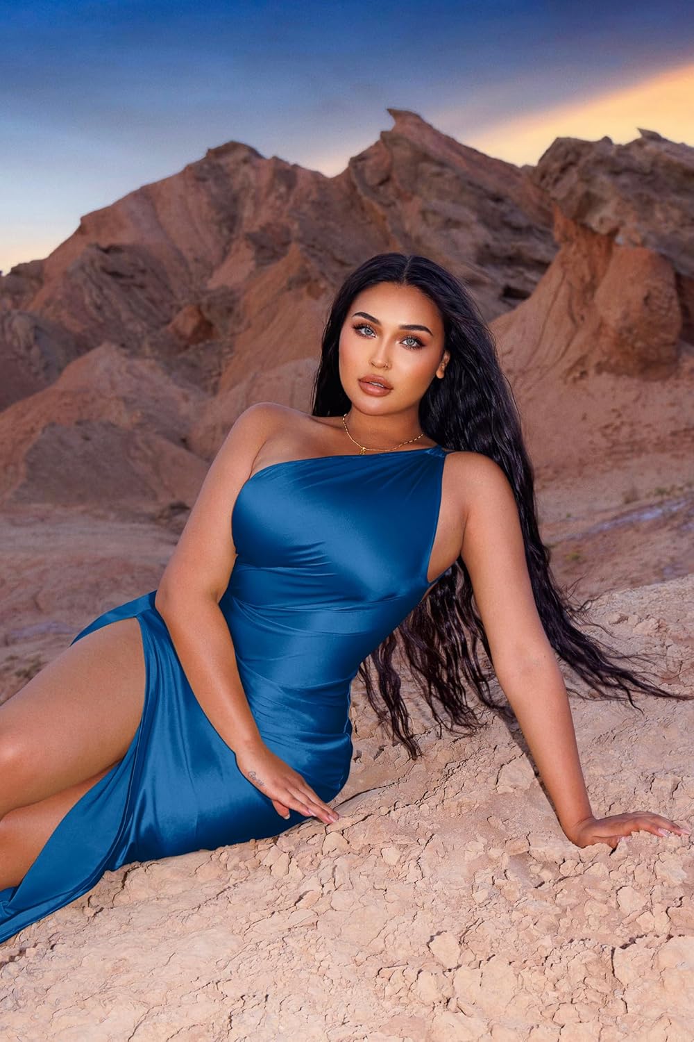 Memoriesea Women's Plus Size Satin Sexy One Shoulder High Split Cocktail Wedding Party Maxi Dress - Image 4