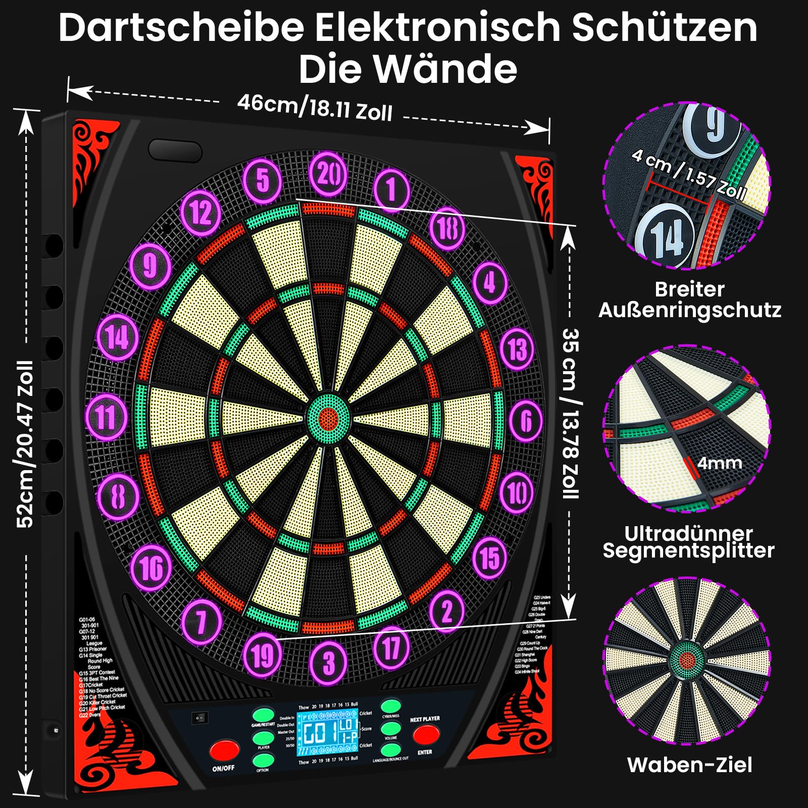 Mejasg Dartscheibe Elektronisch mit Deutsche Stimme&Beleuchteter Zahlenring | LCD-Display mit automatisch Zählen, 34 Spiele und 369 Variationen, Lautstärke 0-8, für 1-8 Spieler, für Hause Büro Bar Garage