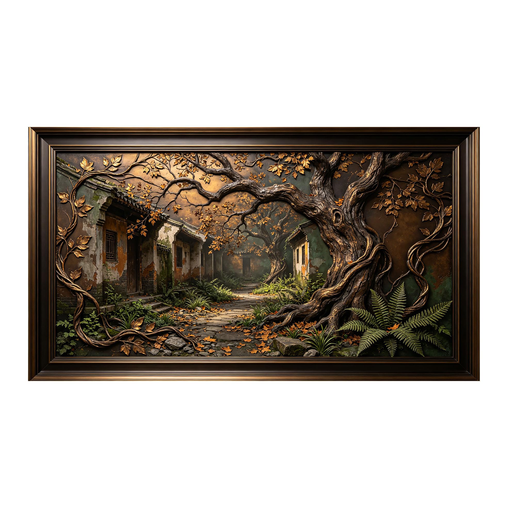 Murasolite 3D Framed Wall Art Rustic Courtyard Landscape Oil Painting SelfAdhesive Fabric Mural Wall Decor， Peel and Stick No Damage to Wall， AntiFall Safe Design for Bedroom Living Room