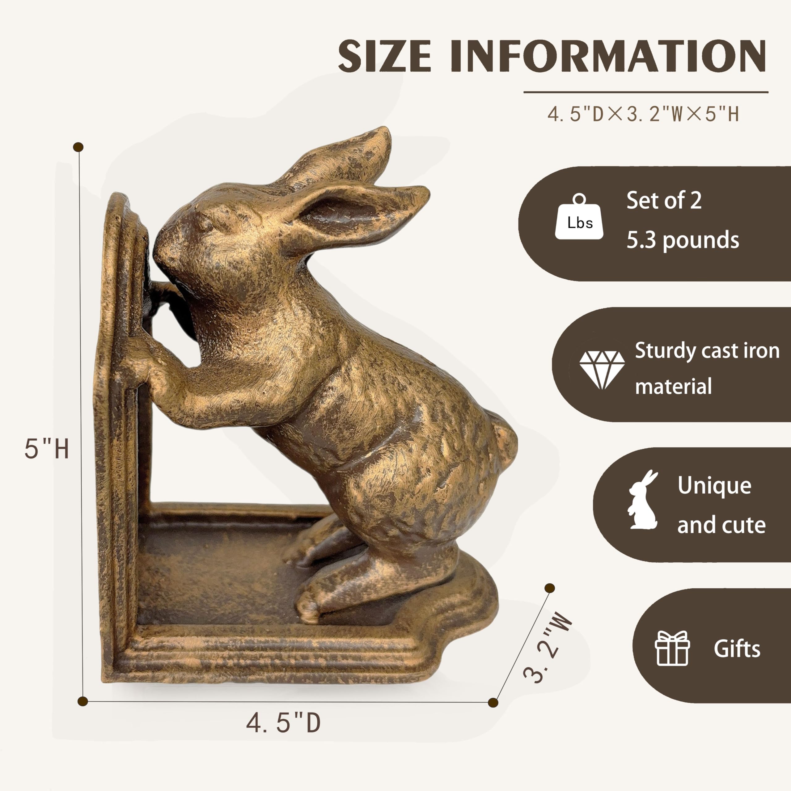 Cast Iron Vintage Rabbit Bookends Heavy Duty Antique Brown Vintage