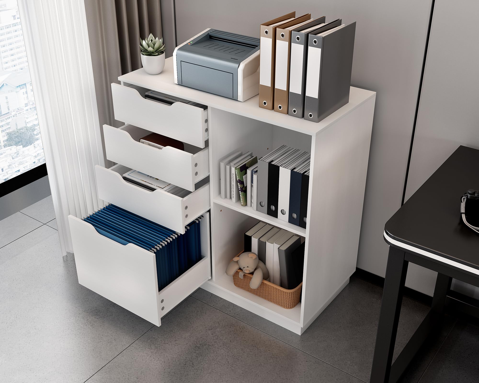 EasyPAG Archivador Lateral de Madera con 4 Cajones Soporte Impresora para Oficina y Hogar Cajonera Escritorio Almacenamiento Papel A4,Blanco