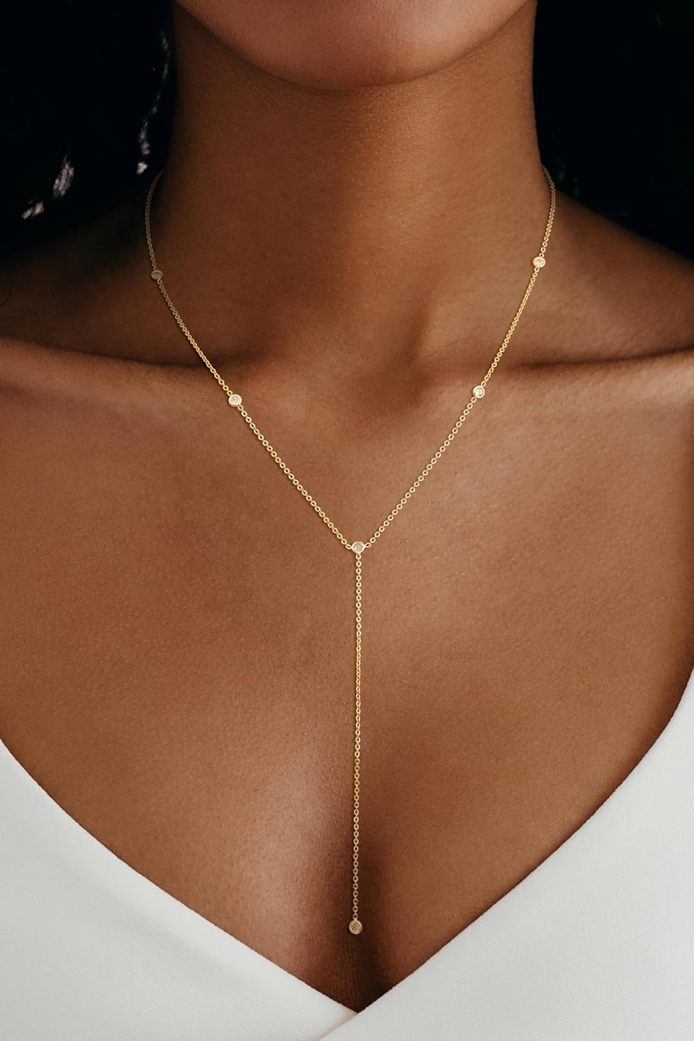 CHESKY Lariat Gold Necklace for Women, Dainty Long Necklace 14k Gold Plated Y-Shaped Pendant Necklace Trendy Layered CZ Beaded Chain Drop Necklaces Simple Gold Jewelry for Women Gifts - Image 3
