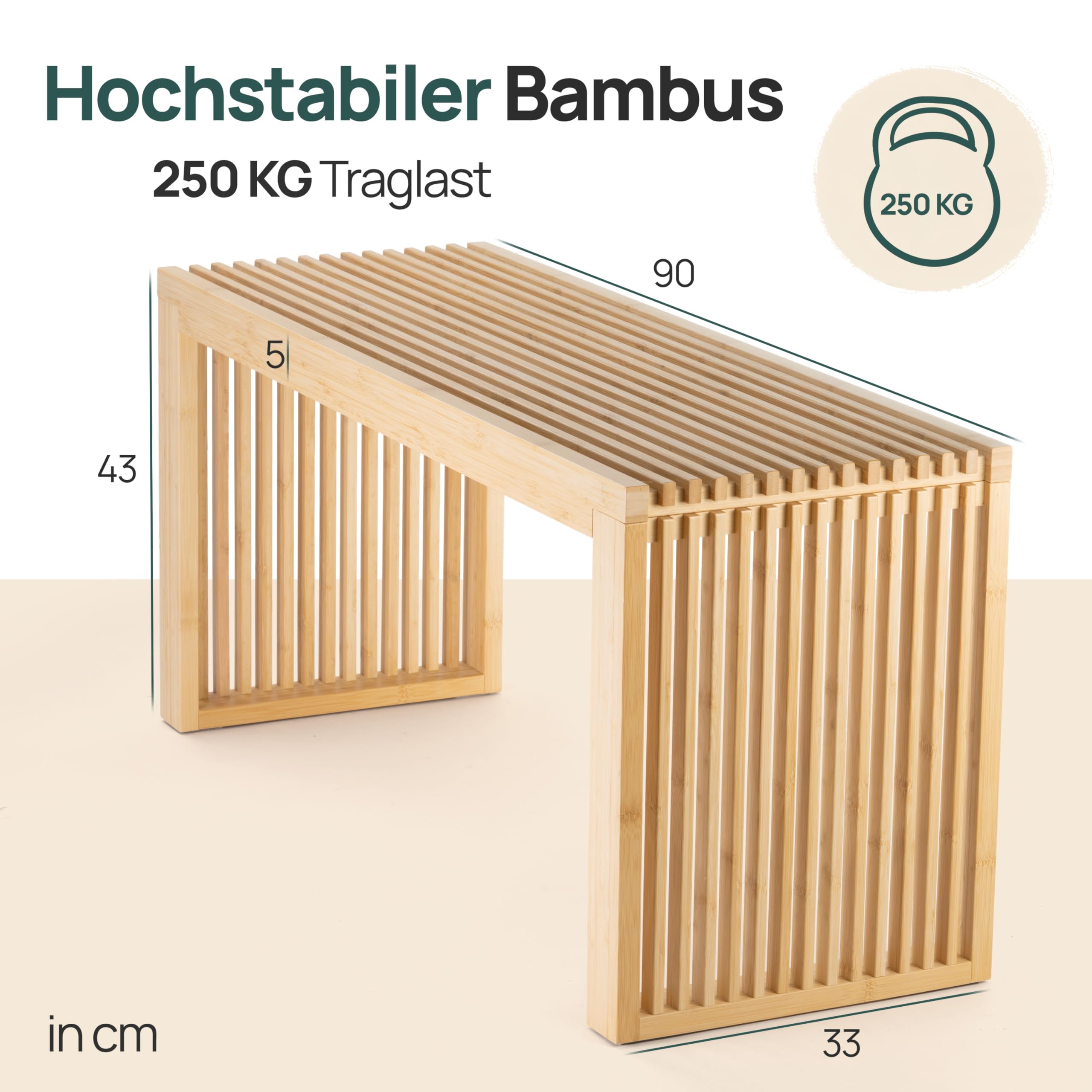 Sitzbank aus Bambus – Stilvolle Holzbank für Flur, Küche & Esszimmer | Flurbank ohne Lehne 90x33x43cm | Holzbank Indoor als Esstisch Bank, Küchenbank & Deko Bank | bis zu 250 kg belastbar
