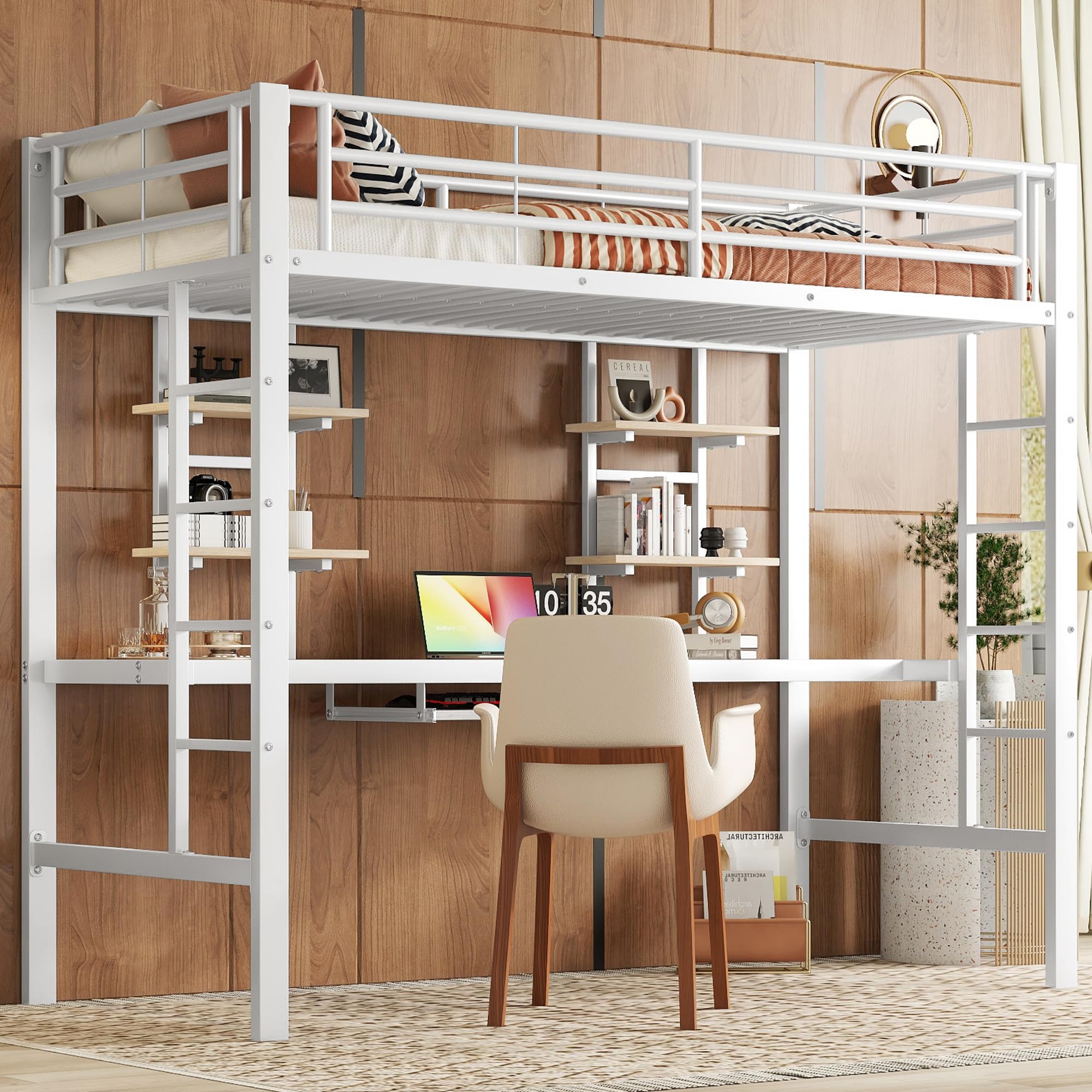 Lcoho Estructura de cama de metal, cama de hierro, cama alta con escritorio y dos estanterías para niños, adolescentes y adultos (blanco, 90 x 200 cm)