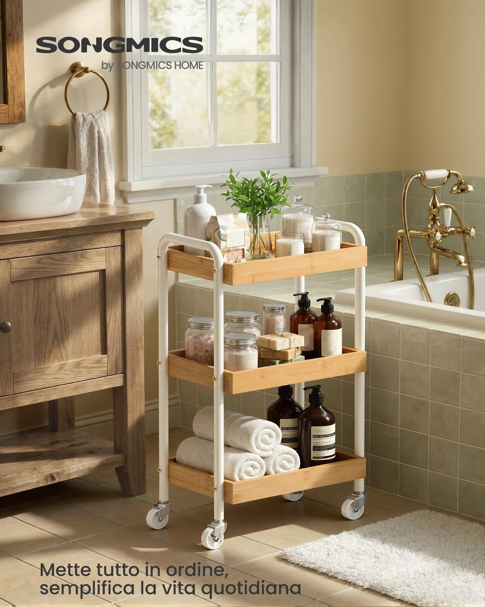 SONGMICS Carrello Portaoggetti, Carrello di Servizio, Scaffale Cucina con Maniglie, Montaggio Facile, Camera da Letto Bagno Cucina, Struttura Acciaio, 27,5 x 41,3 x 73 cm, Beige Naturale LRC081YL01