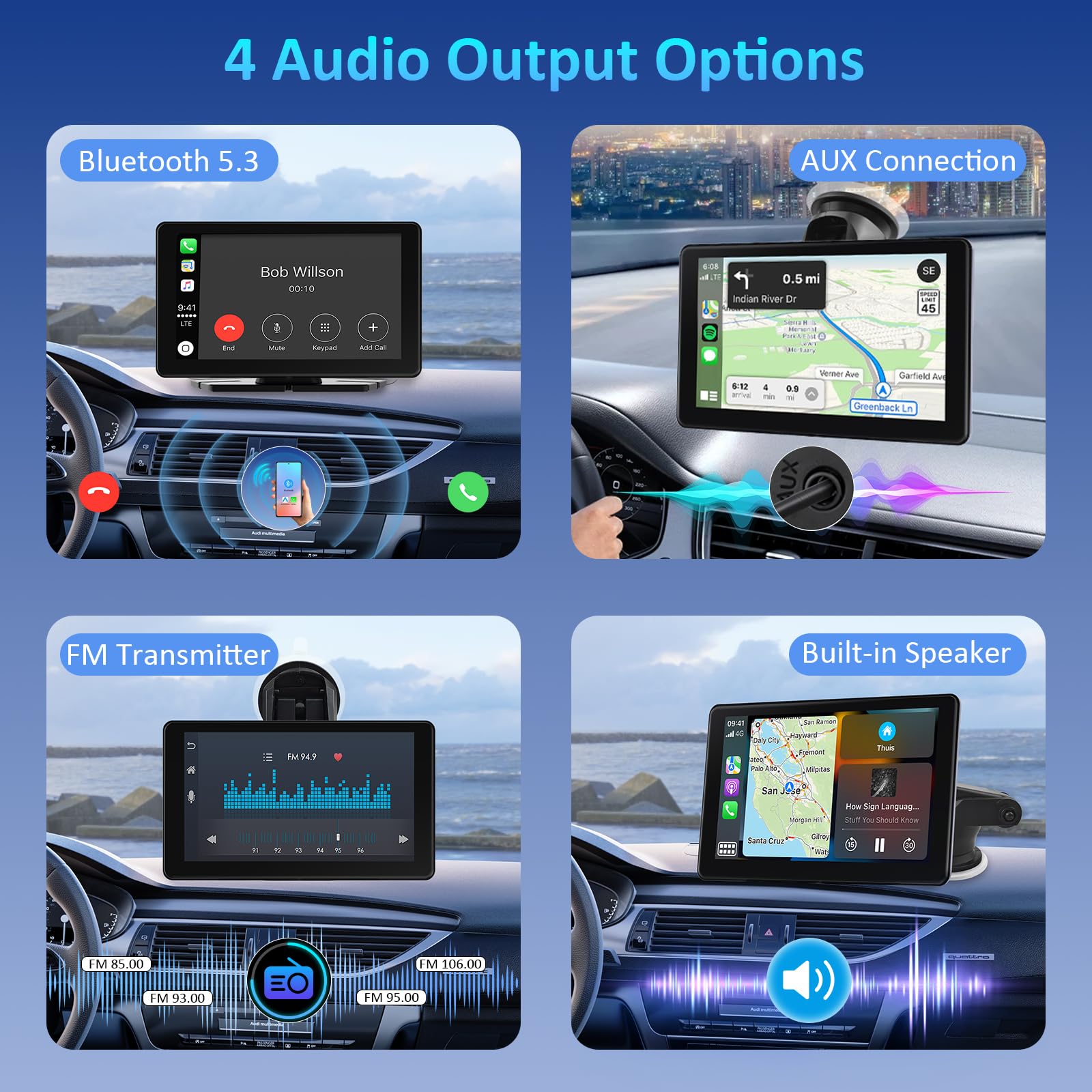 7-calowy ekran Apple Car Play, Bezprzewodowy ekran Samochodowy CarPlay Android Auto do Samochodów, Przenośny ekran dotykowy HD z Bluetooth 5.3/FM/AUX, Obsługa Mirror Link, AirPlay, Nawigacja GPS