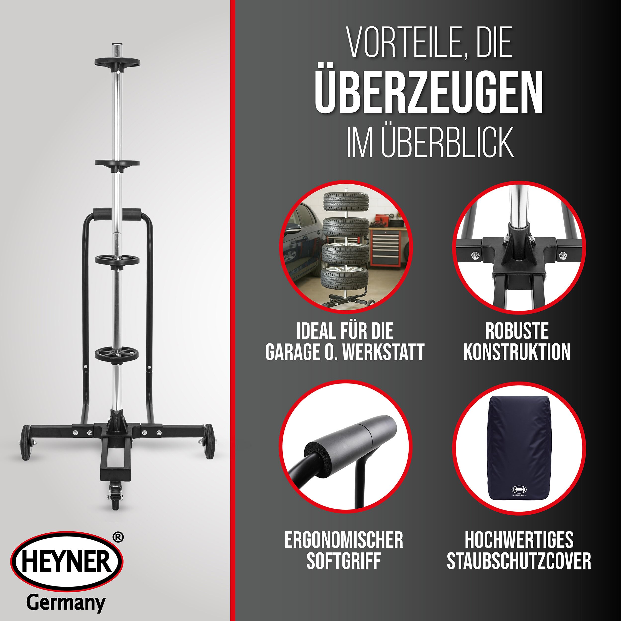 HEYNER® Felgenbaum fahrbar bis 100 kg und 285 mm Reifenbreite mit Griff | ergonomische Softgriffe, inklusive Staubschutzcover 90 x 150cm, Lenkrolle mit Feststellbremse für einfache Manövrierbarkeit