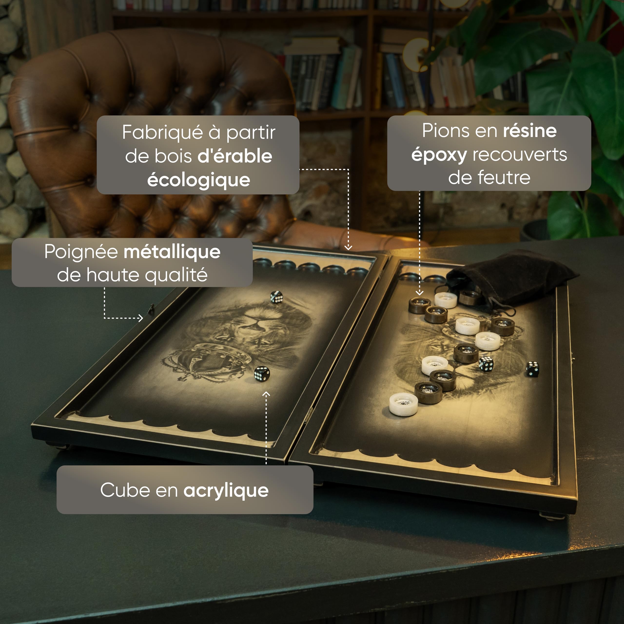 Premium Backgammon en Bois avec Design de Lion et Pièces en Résine Époxy - Fait Main Backgammon Luxe Jeux de Société Adulte 2 Joueurs Backgammon Grande Taille