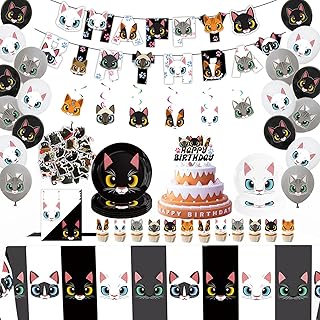 137pcs Cat Birthday Decorations Cat Themed Party Supplies Serves 20 - Banner, Plates, Napkins, Hanging Swirls, Black White Kitten Balloons, Cupcake Toppers, Tablecloth, Stickers for Kids Girls Party