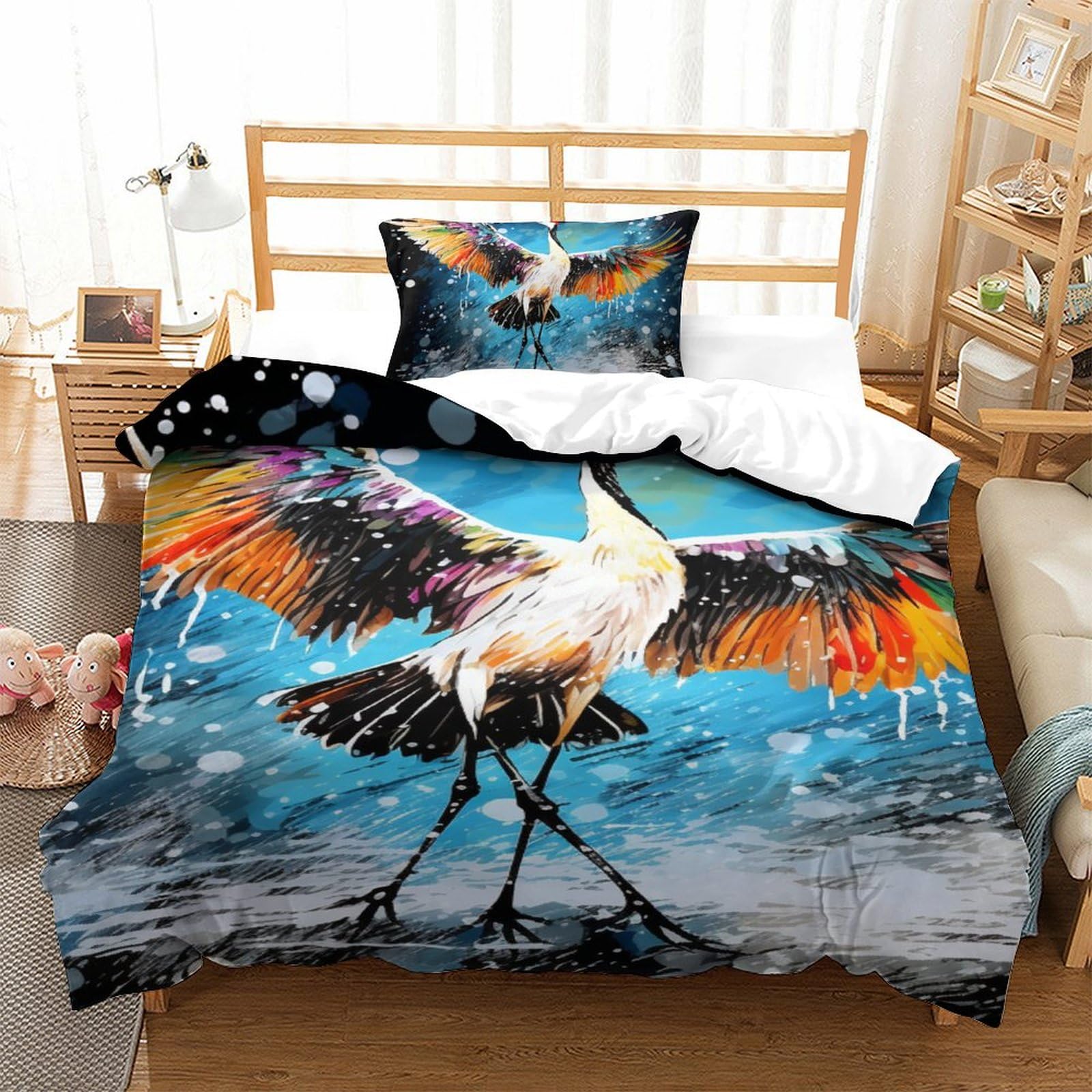 Housse de couette grue blanche pour chambre zen et cocooning