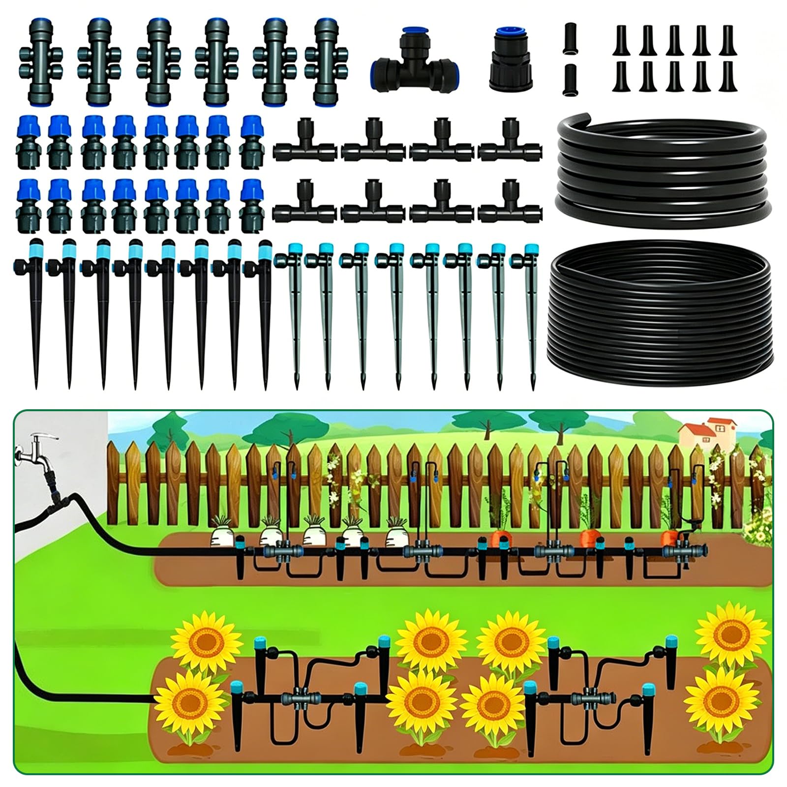 Tatqilo 230FT Irrigation System Kit, Garden Drip Irrigation System with 33FT 1/2" & 197FT 1/4" Tubing, Adjustable Nozzles & Sprinklers, Automatic Watering System for Greenhouse, Yard, Lawn, Plant