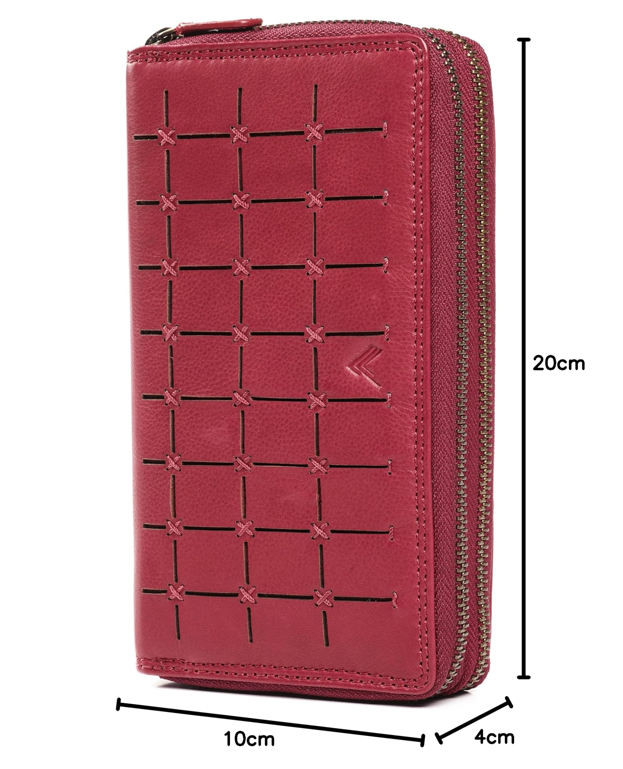 Grand Portefeuille Femme en Cuir – Porte Cartes Grande Capacité avec RFID – Porte Monnaie Élégant Fait Main – Idée Cadeau Originale - Deux Fermetures éclair, Carré - Rouge