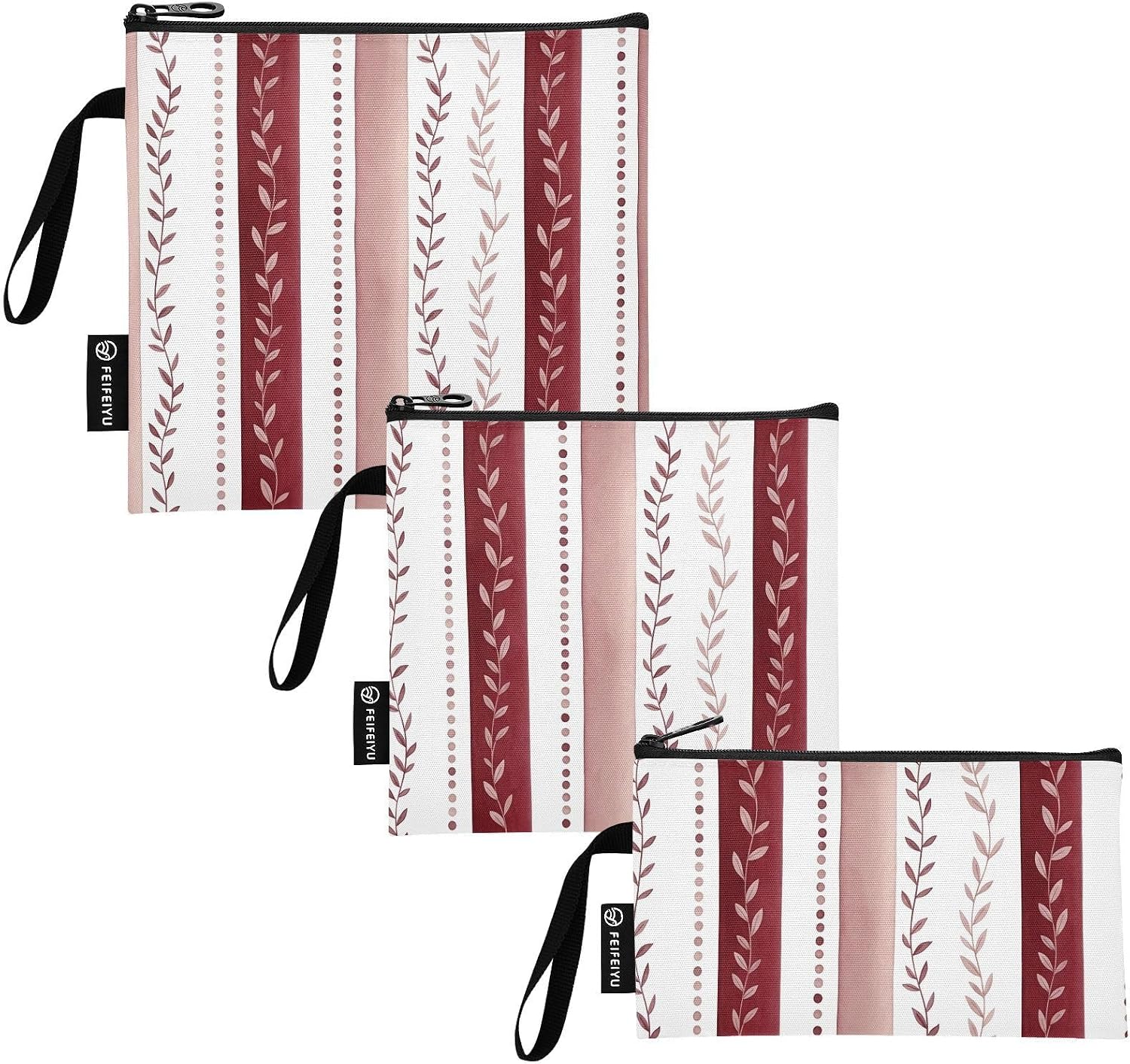 Red Leaf Stripes 3 Pack Reusable Food Bag Sandwich Bags Snack Pouch with Zipper Washable Food Storage Bags for Lunch Travel Office