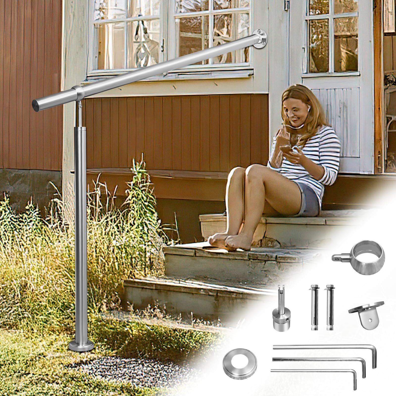 Fiqops Corrimano in acciaio inox, ringhiera esterna per scale, angolo di regolazione ba, ringhiera d'ingresso 160 cm, corrimano per scale interne ed esterne, ringhiera esterna in acciaio inox