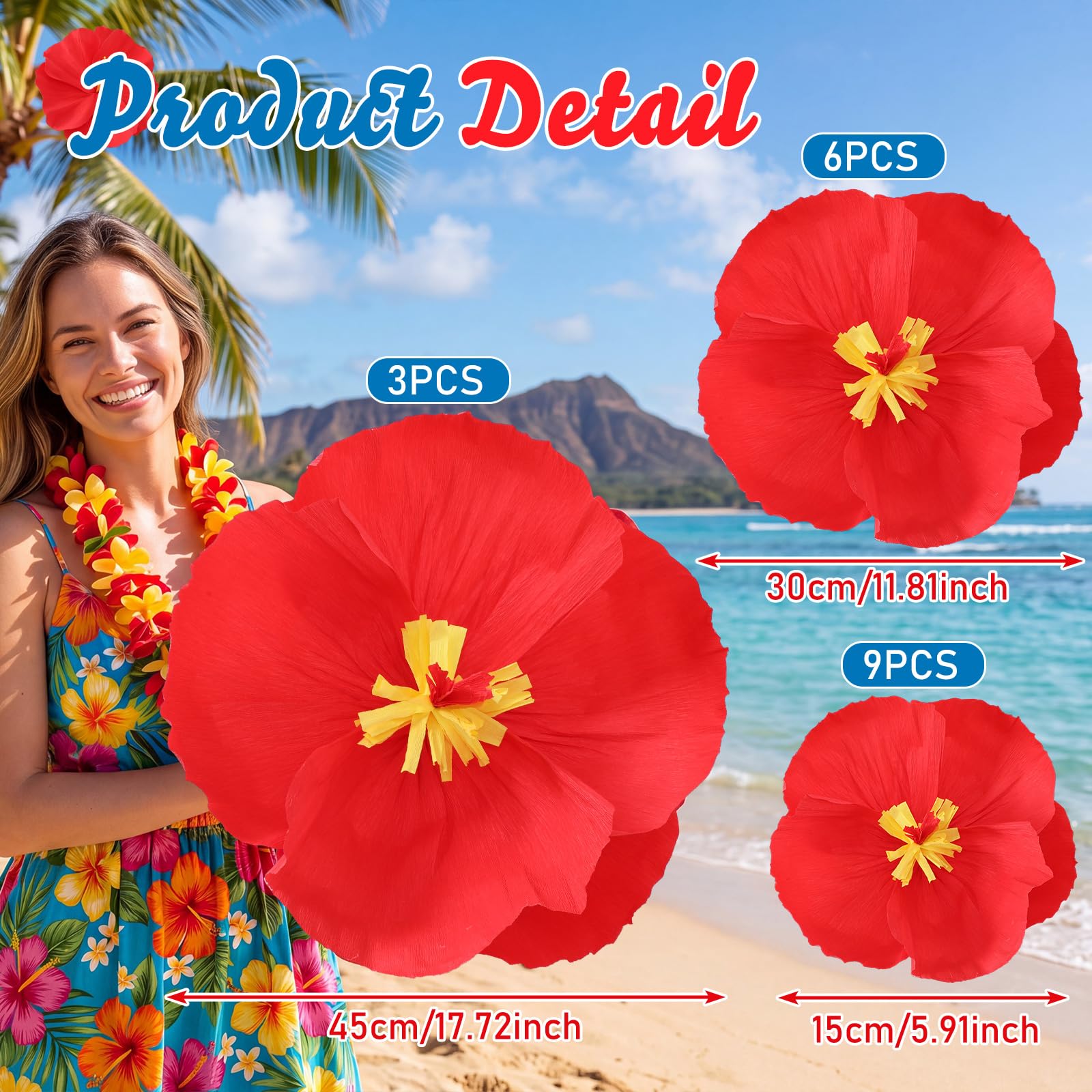 AmazingSpark Lot de 18 pompons géants en papier de soie motif hibiscus hawaïen 45,7 cm, 30,5 cm, 15,2 cm, fleurs hawaïennes, hibiscus rouge, anniversaire, fête prénatale, mariage, fond de soleil