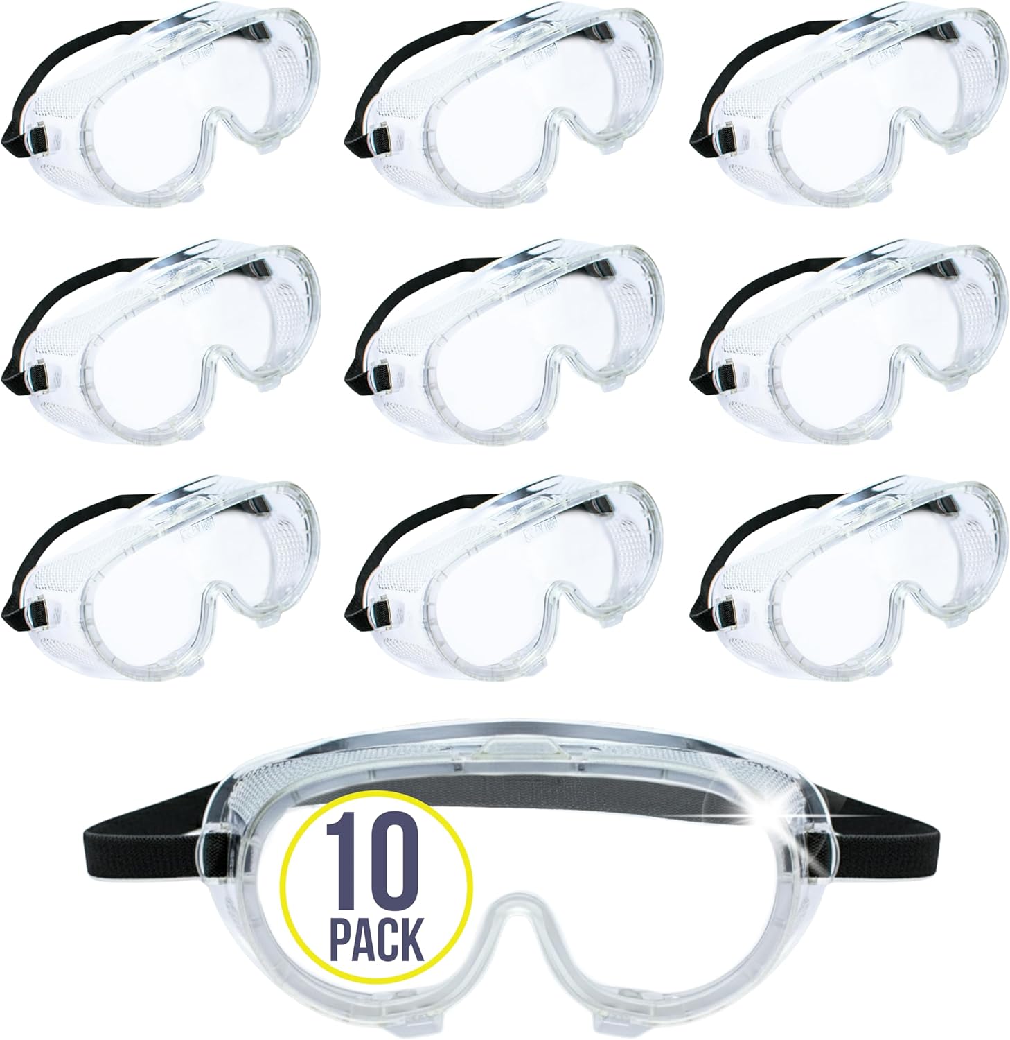 Aqulius Safety Goggles - Direct-Vented & Comfort Fit Goggles for Work - Anti-Fog Bulk Safety Glasses - Protective Eyewear for Dust - Pack of 10, Unisex Adult