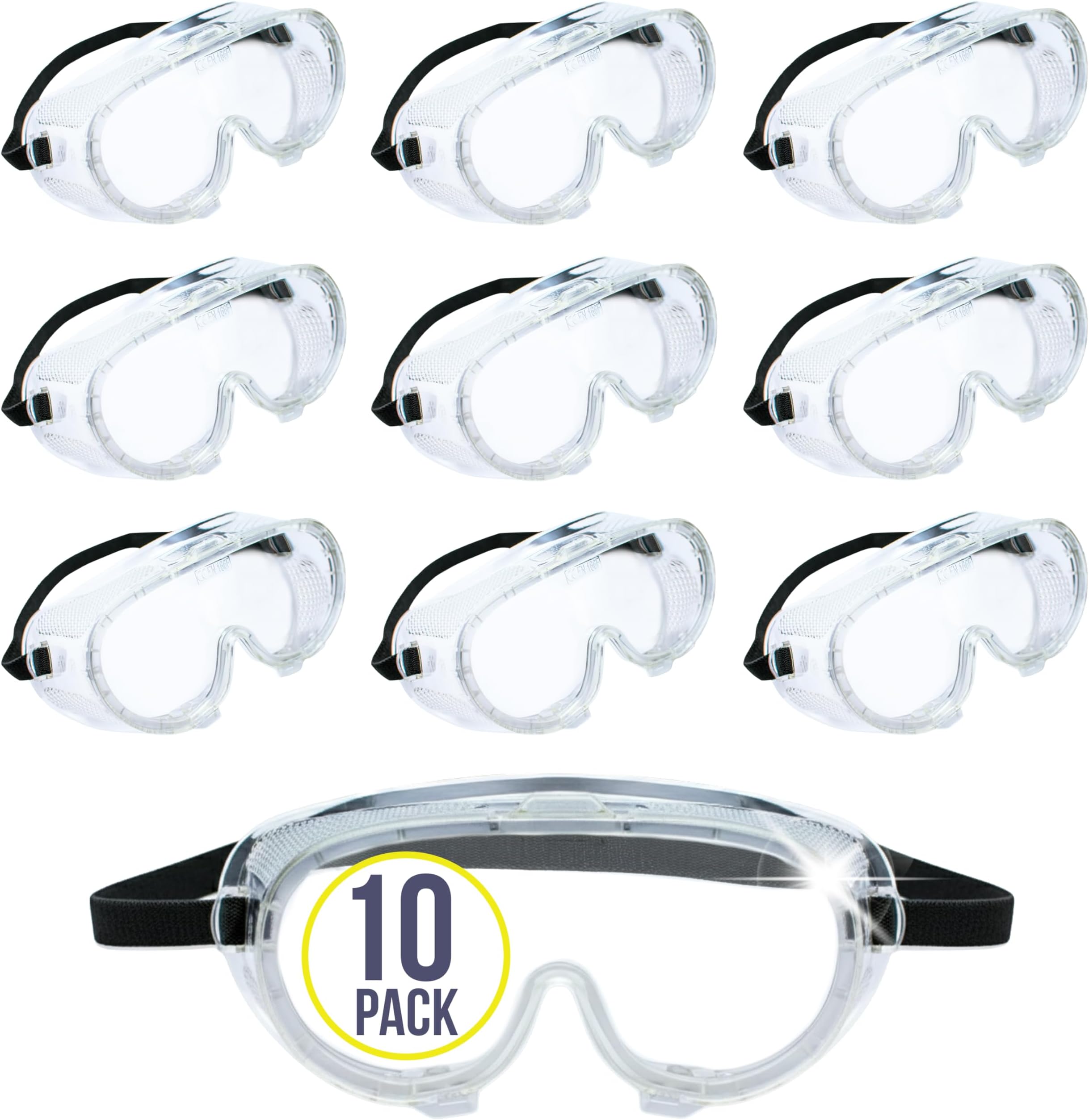 Aqulius Safety Goggles - Direct-Vented & Comfort Fit Goggles for Work - Anti-Fog Bulk Safety Glasses - Protective Eyewear for Dust - Pack of 10, Unisex Adult