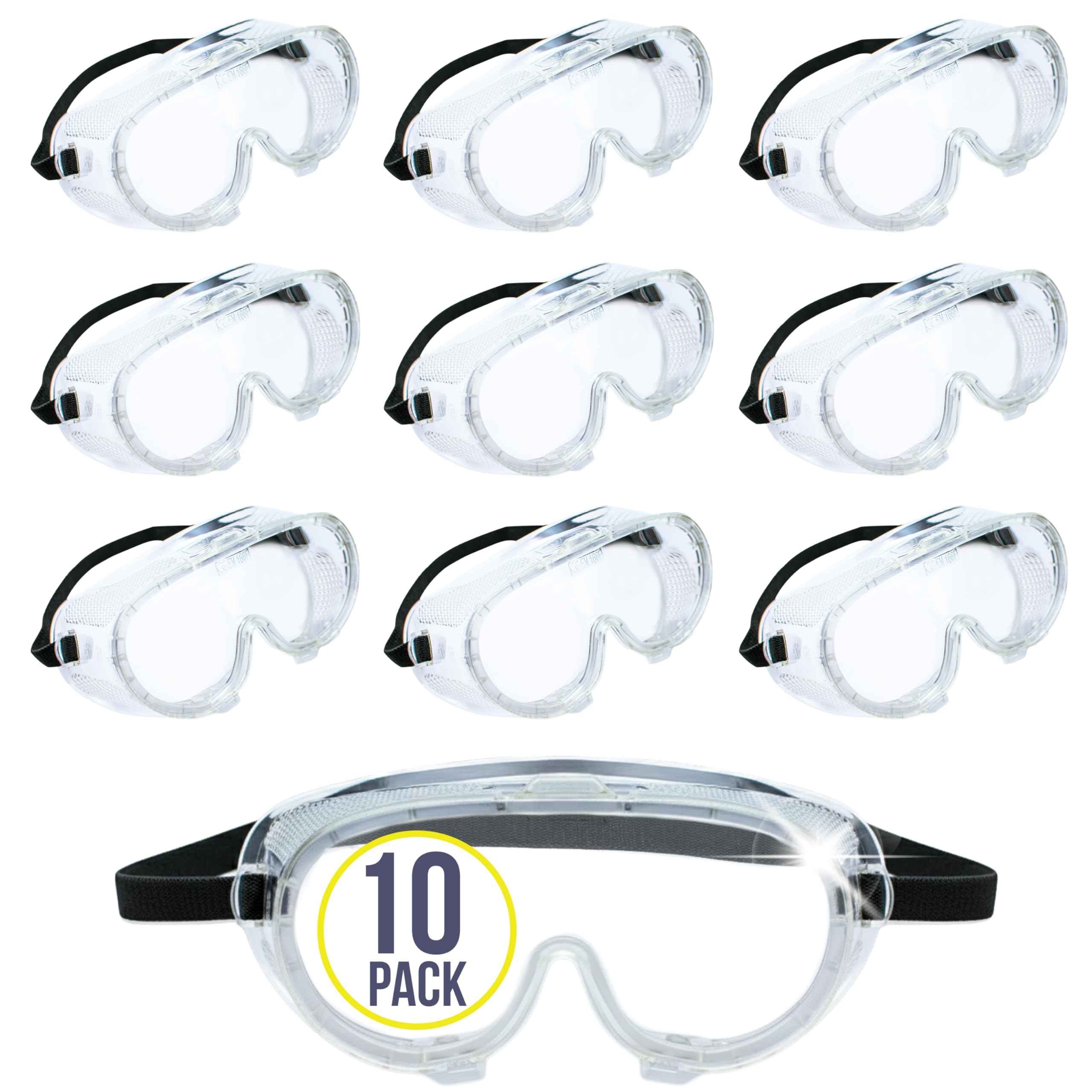 Aqulius Safety Goggles - Direct-Vented & Comfort Fit Goggles for Work - Anti-Fog Bulk Safety Glasses - Protective Eyewear for Dust - Pack of 10, Unisex Adult