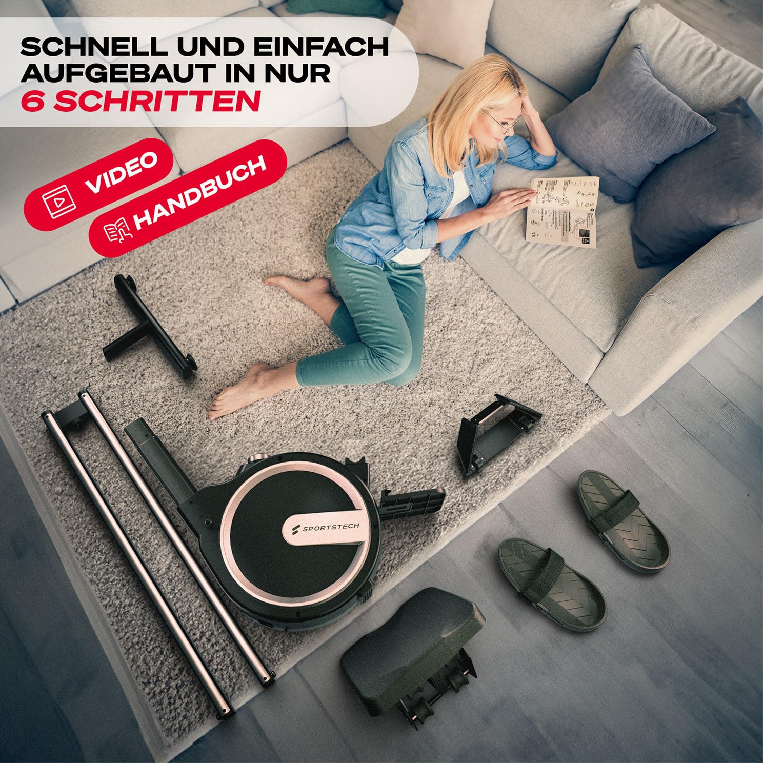 Sportstech Rudergerät für Zuhause + 32 Stufen Magnetwiderstand PROwer | Dual Slide Rail, LED Knob Display, bis 150 kg, Bluetooth App, leise, vertikal verstaubar
