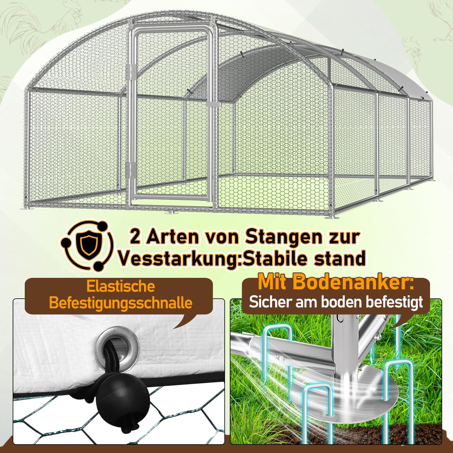 Gallinero de 3 x 6 x 2 m, techo abovedado, valla para aves de corral, con candado de acero galvanizado y lona impermeable de polietileno, fácil de limpiar