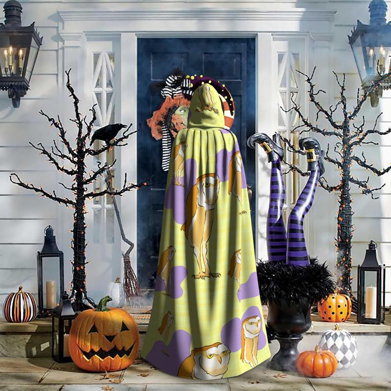 Standing Owl Men Women Halloween Role Play Party Decoration Hooded Poncho Black