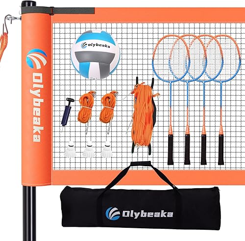 Olybeaka Juego combinado de bádminton de voleibol al aire libre con red, diseño antigolpes, 4 raquetas de bádminton, 3 pájaros y voleibol de