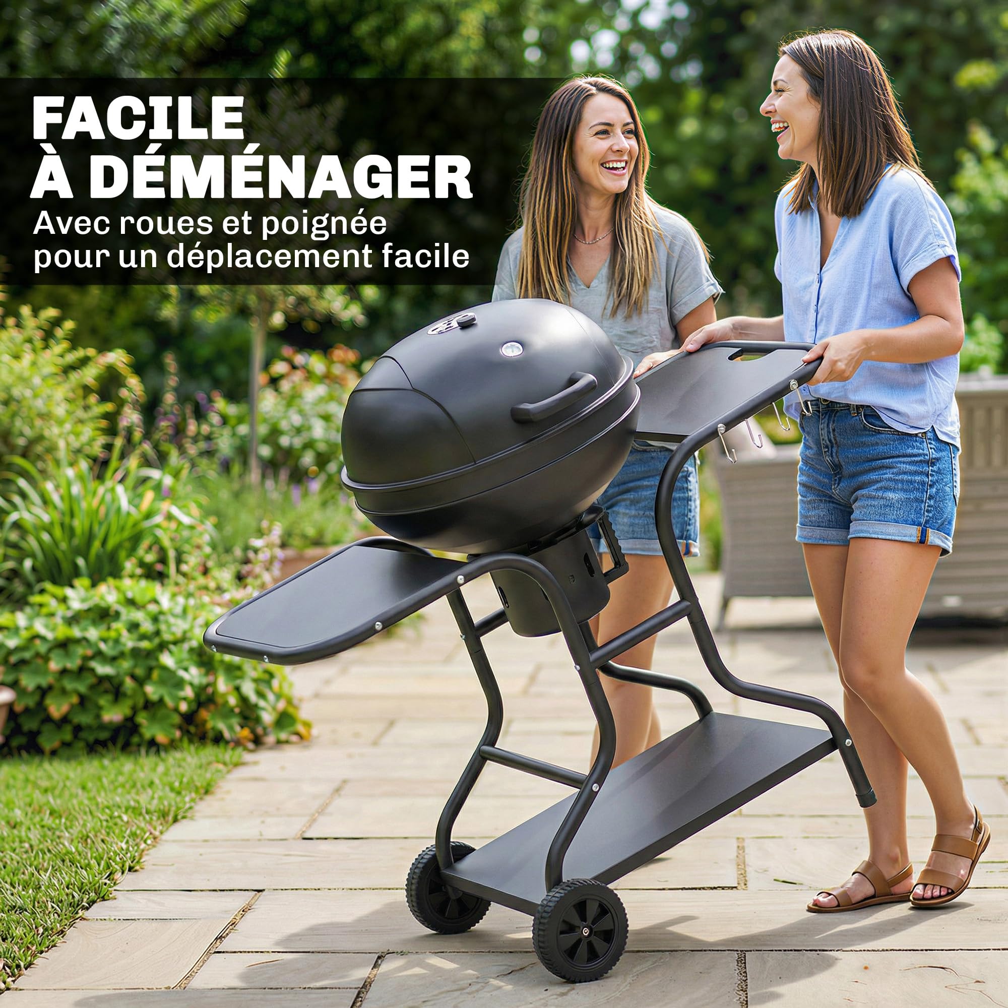 Outsunny Barbecue à charbon Rond avec couvercle Thermomètre Roues Noir | Barbecue Rond Extérieur, Tables Latérales, Étagère Inférieure, Jardin, Terrasse, Charbon De Bois